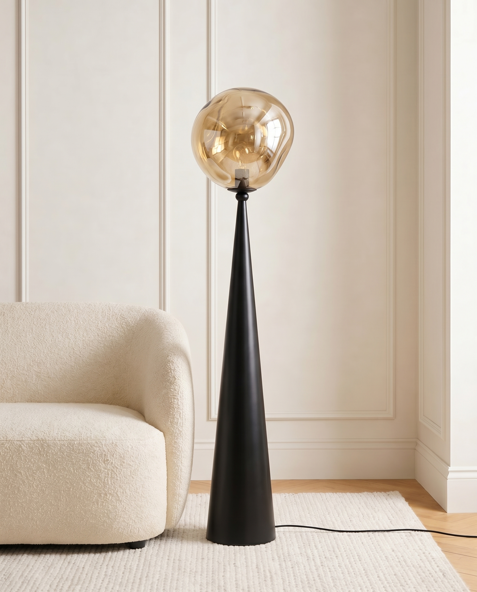 Glass sphere floor lamp with metal stand