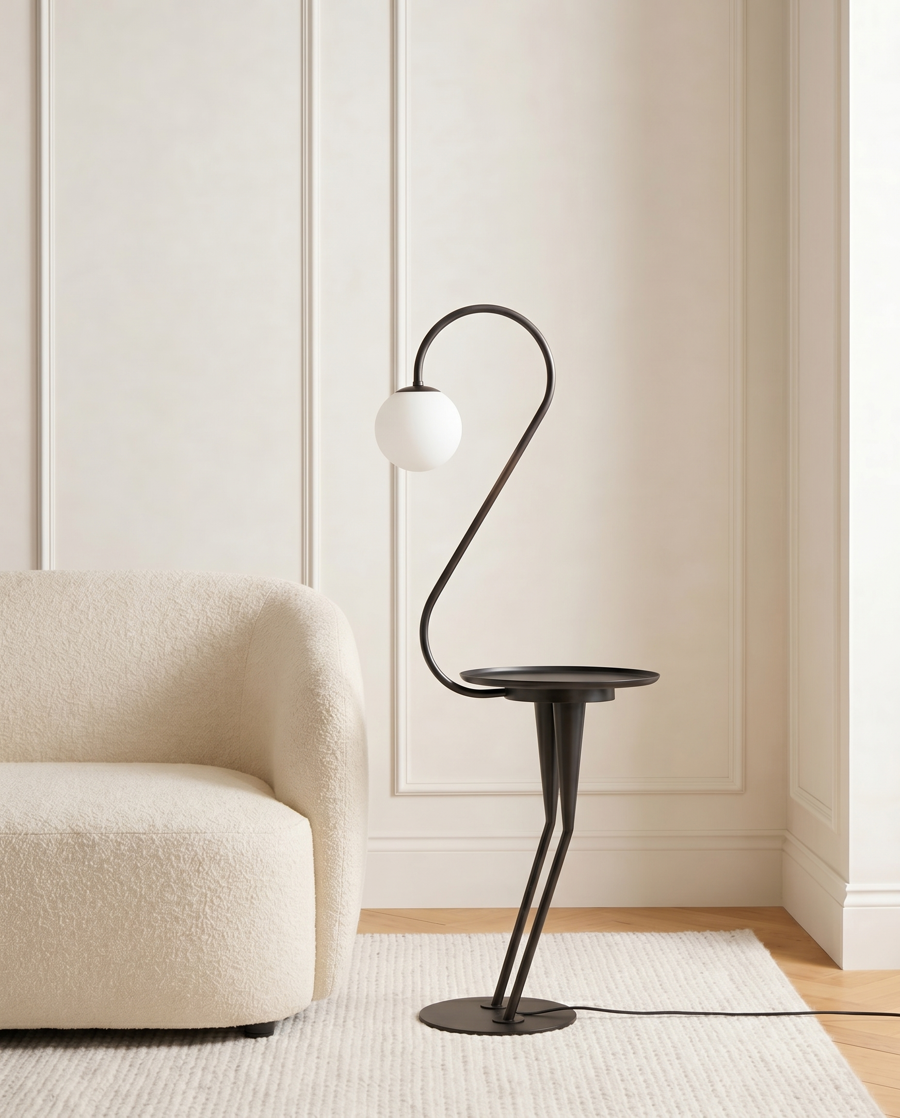 Swan-neck floor lamp with side table and glass globe
