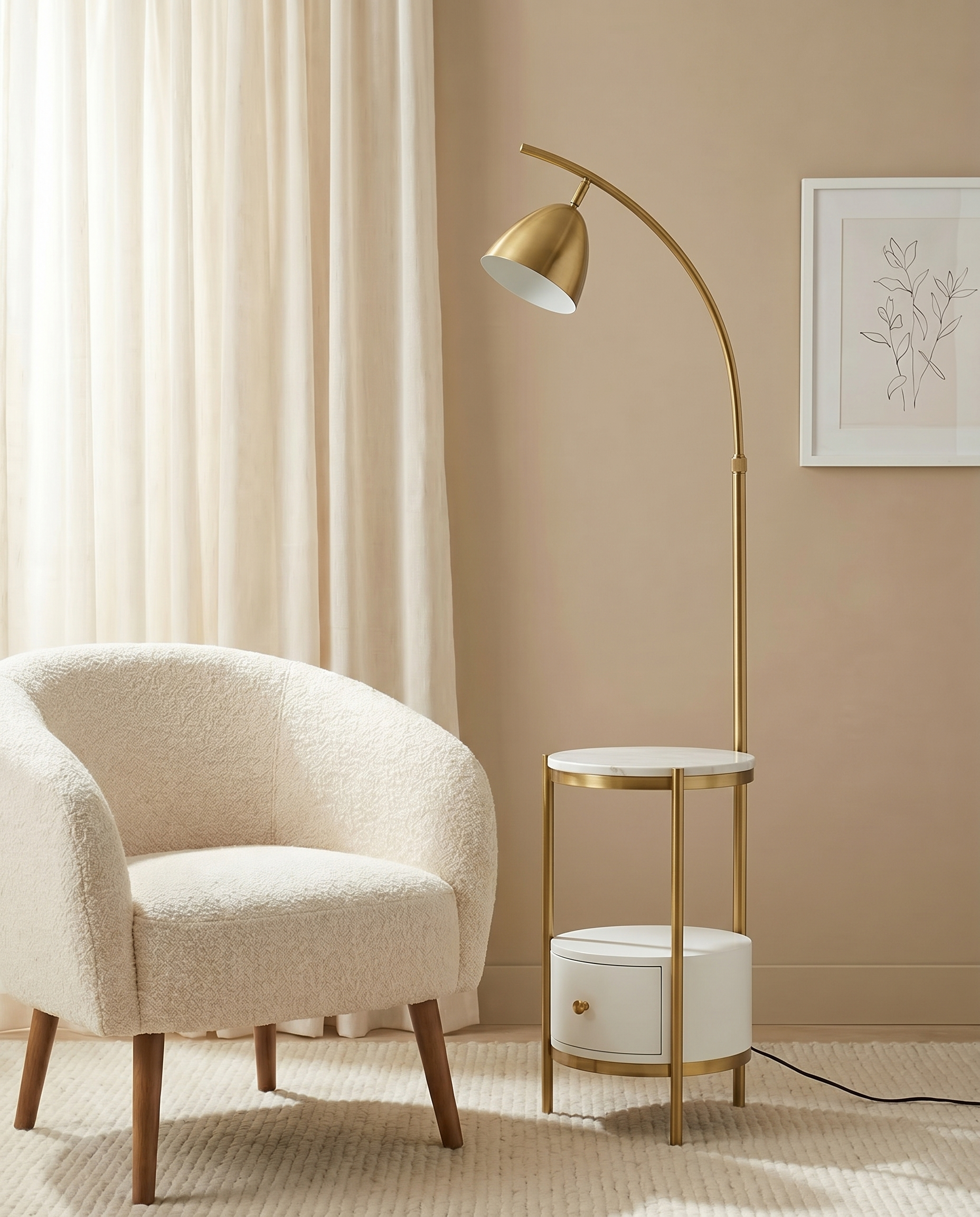 Marble and gold floor lamp with side table and drawer