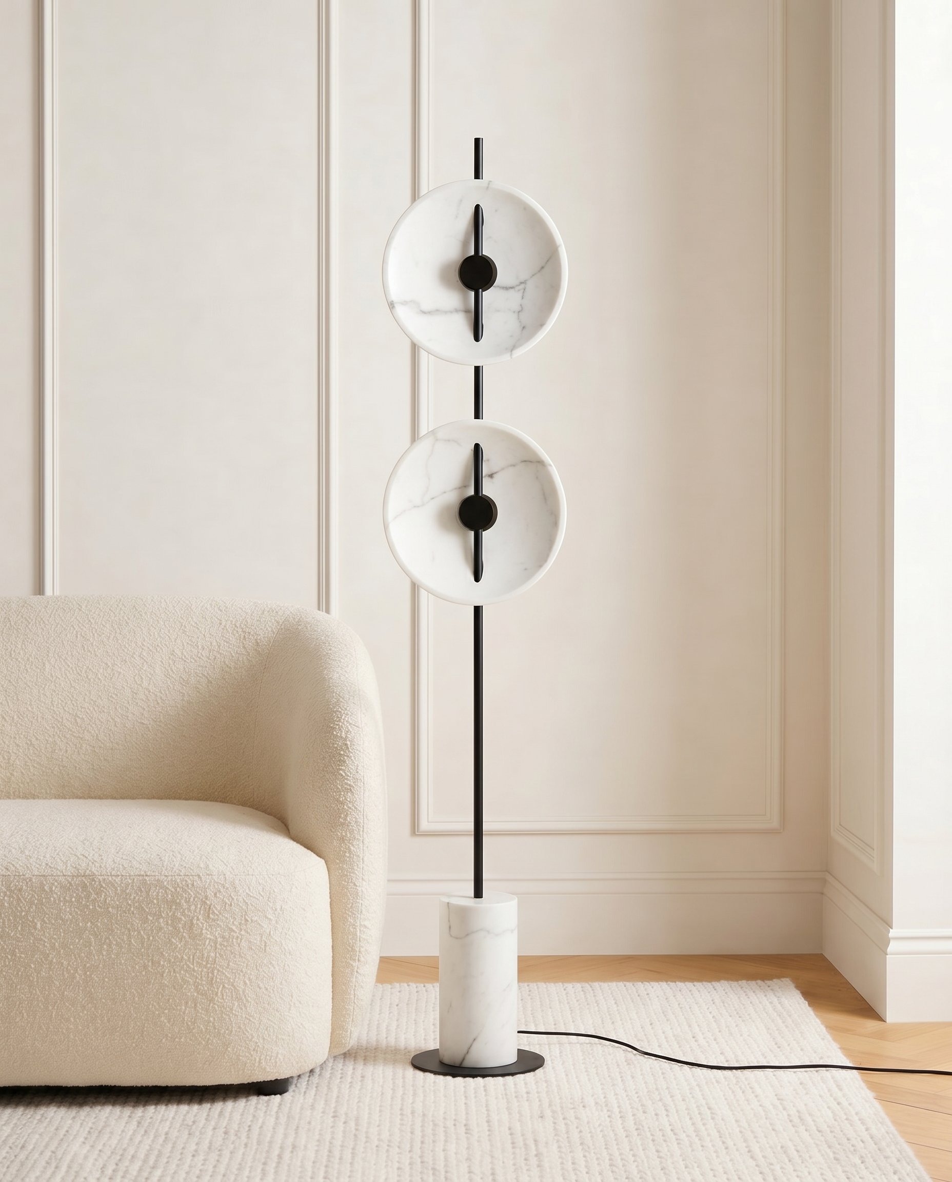 White LED floor lamp with stacked ringed column