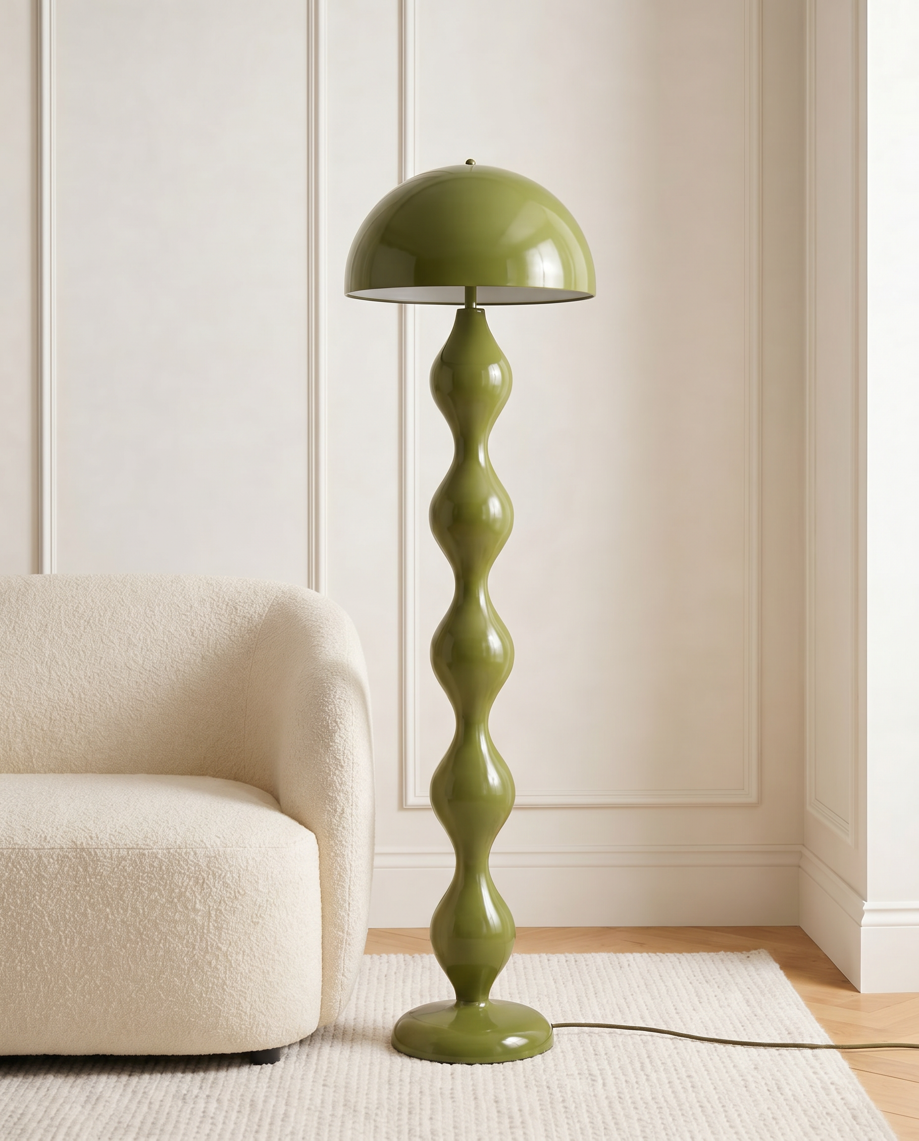 Olive green dome floor lamp with wavy column