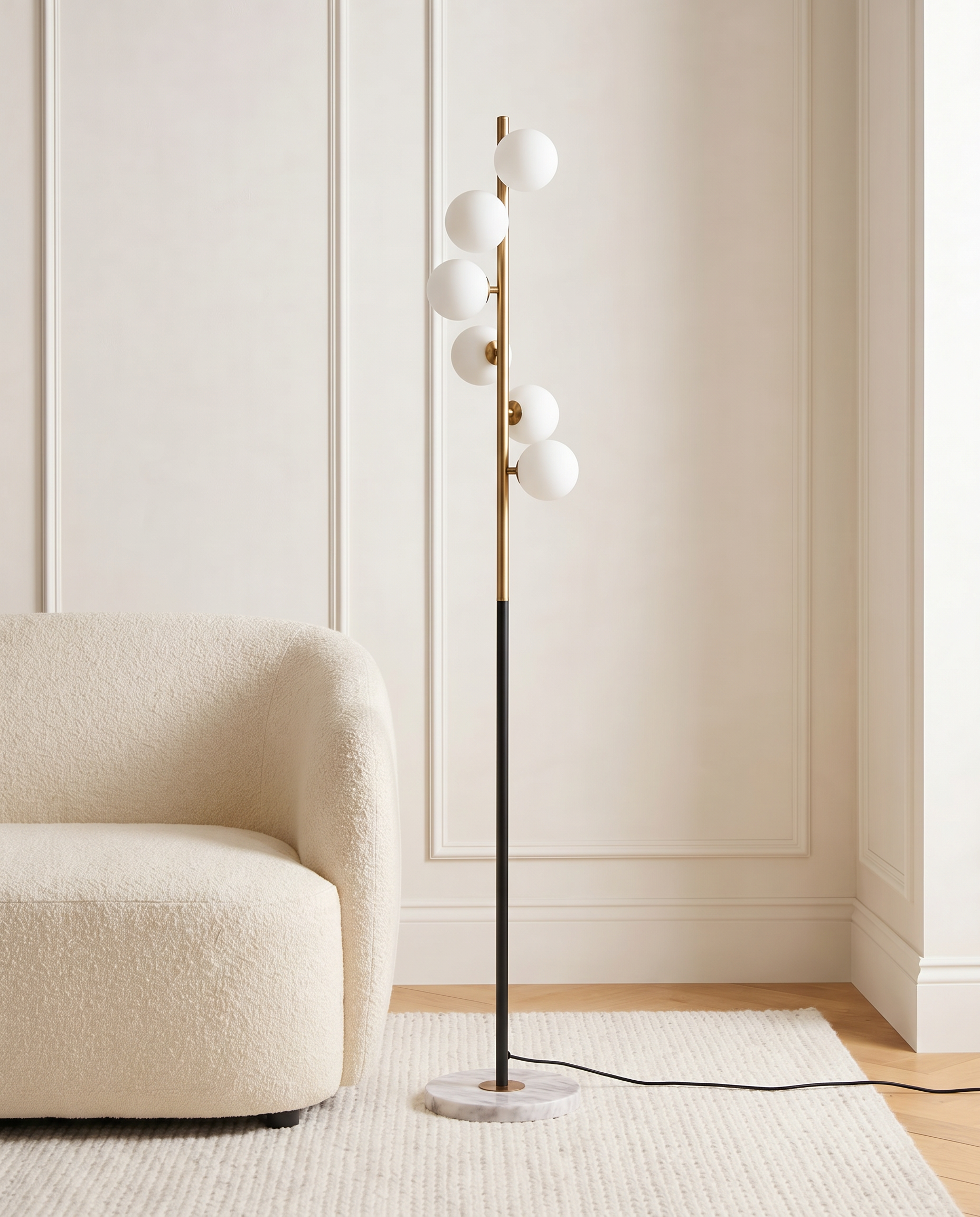 Frosted glass sphere floor lamp with marble base