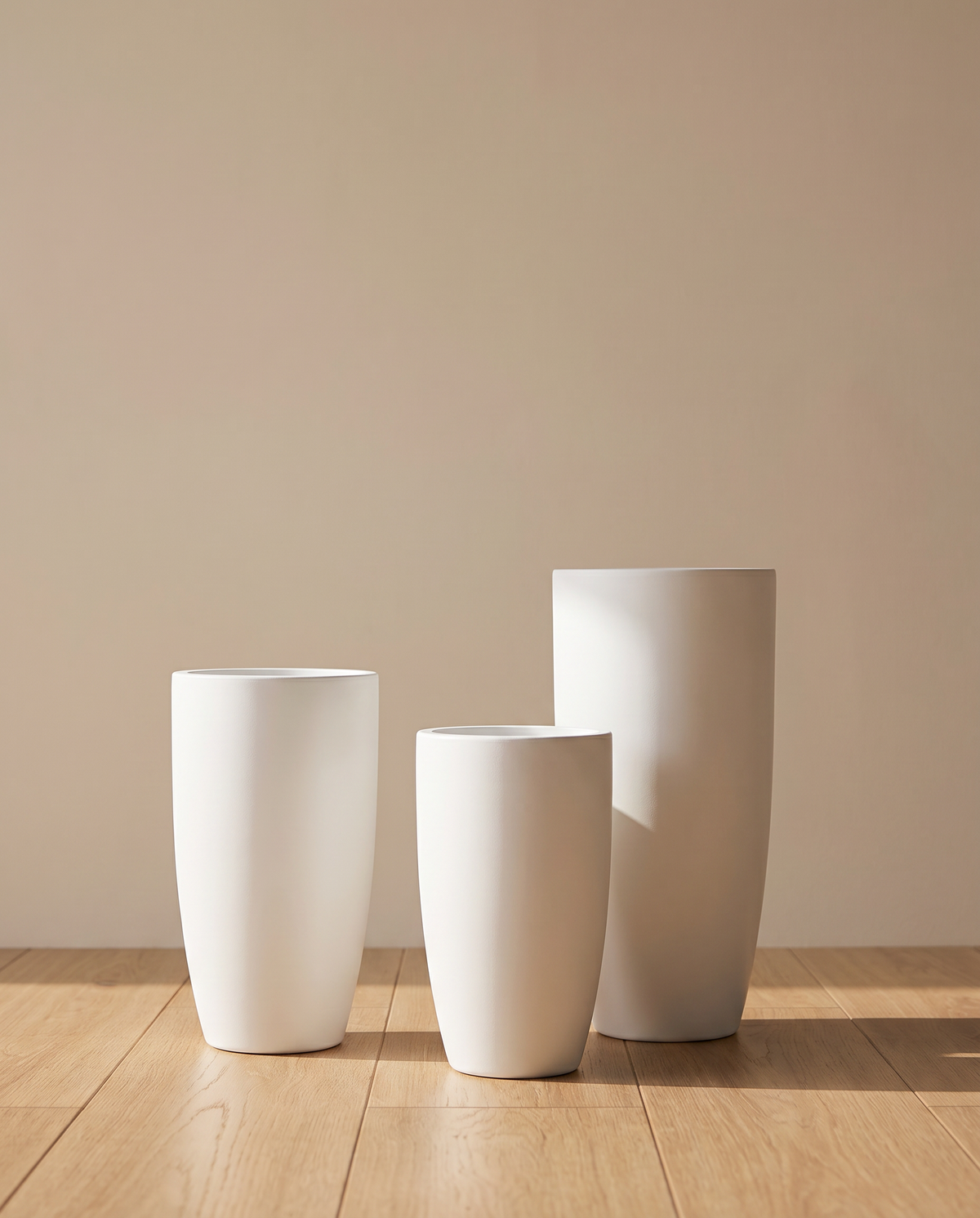 White Bullet Round Fiber Glass Planter – three sizes together