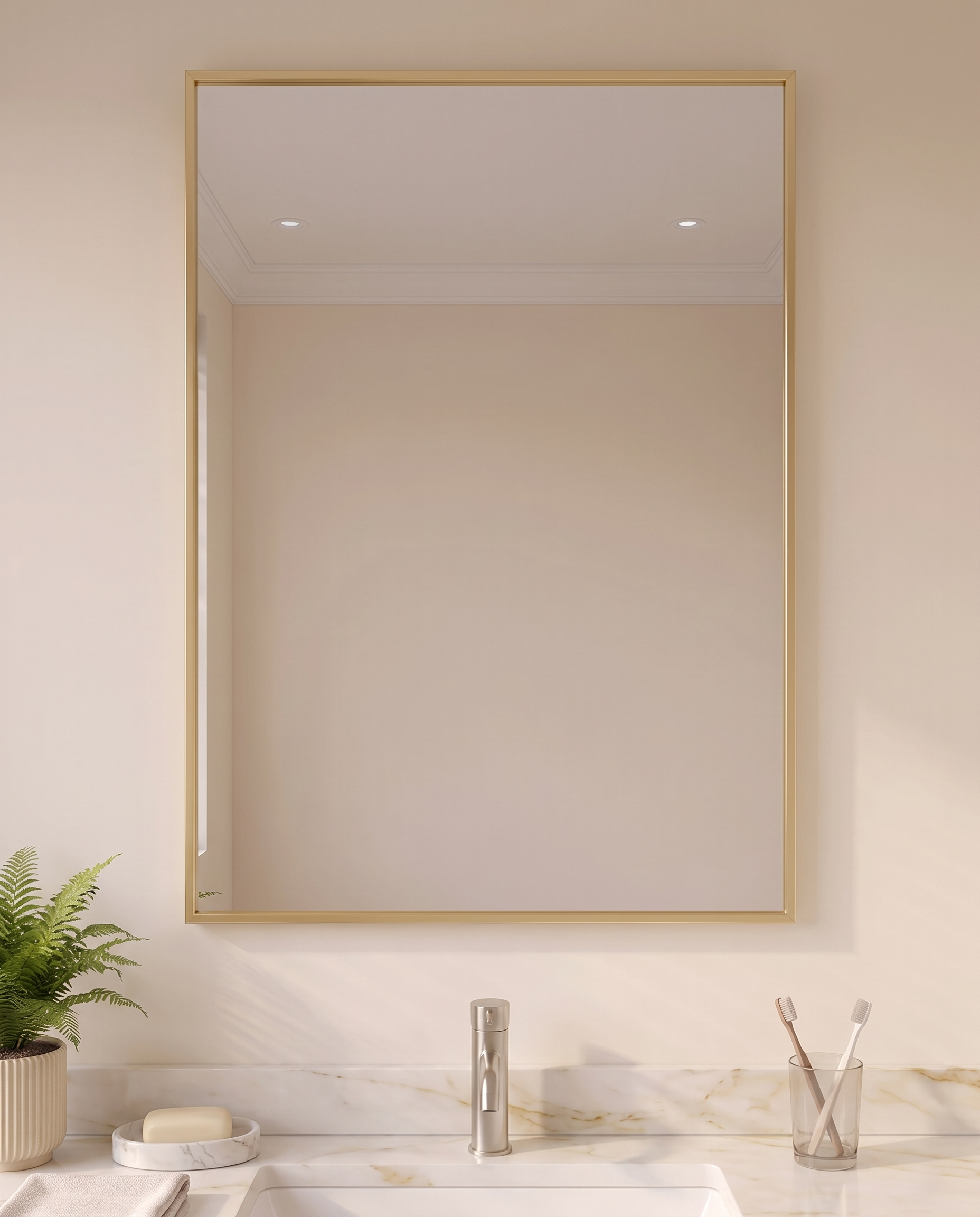Margaux gold rectangular vanity mirror, close-up of the gold frame
