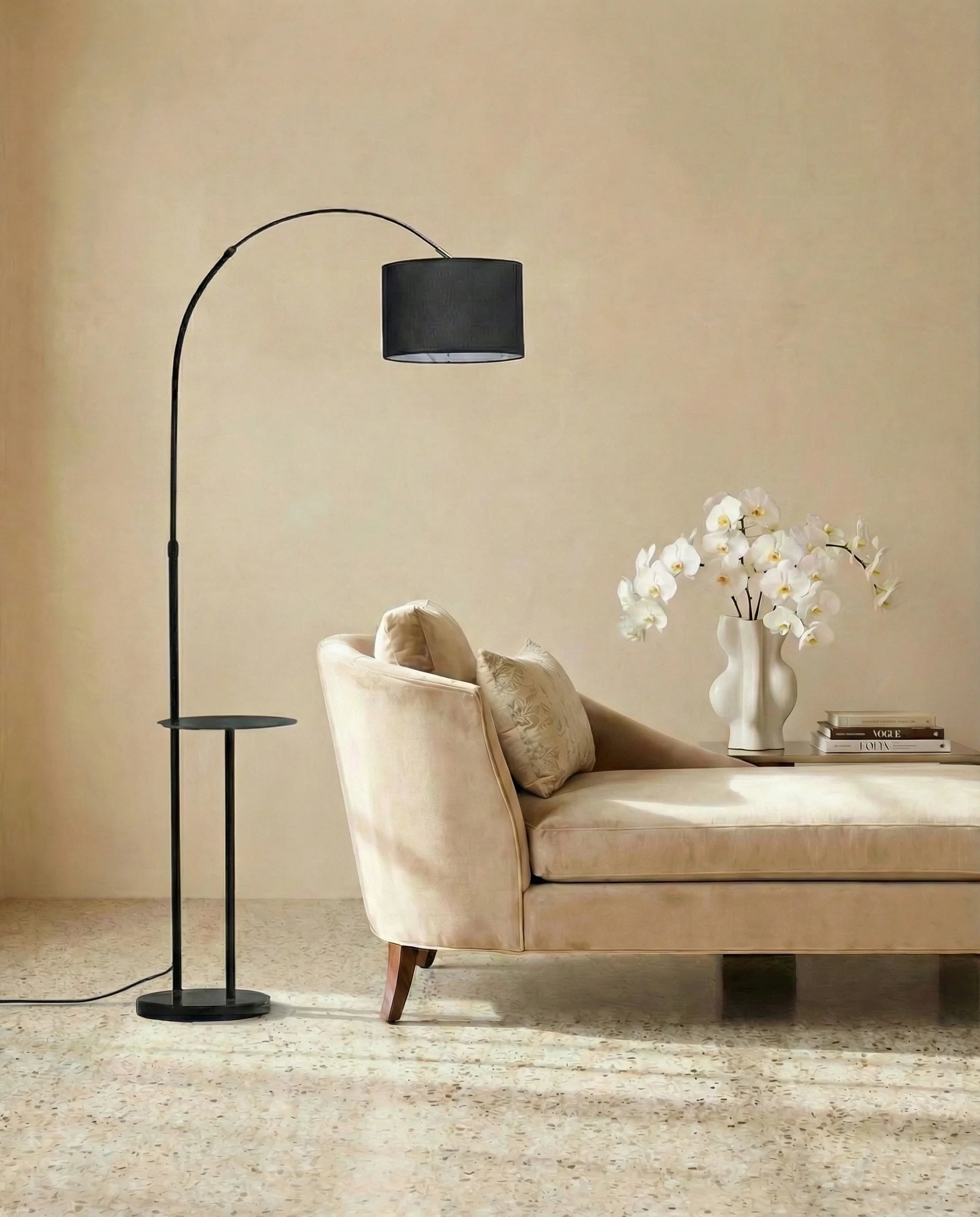 Caspien Sleek Black Arc Floor Lamp with End Table