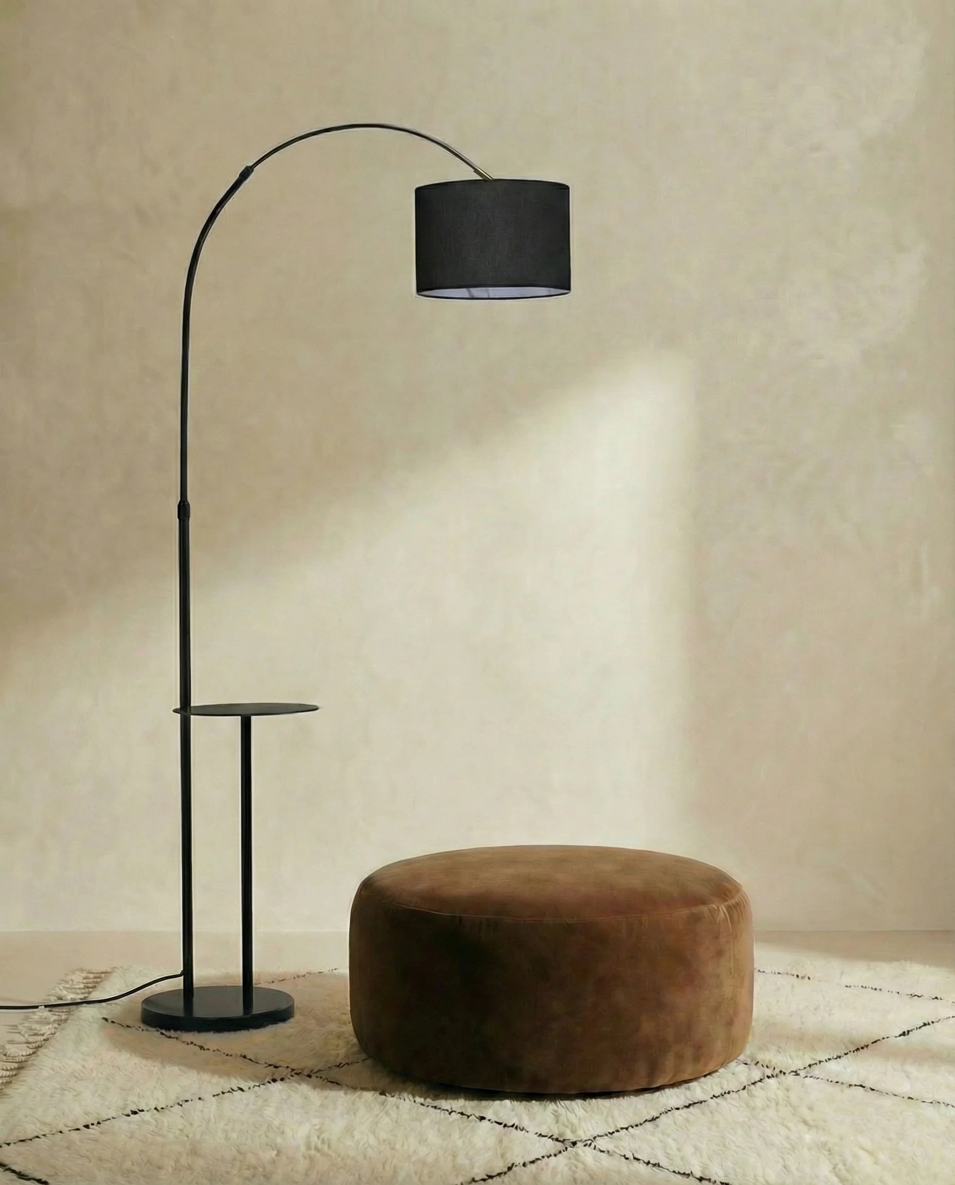 Caspien Sleek Black Arc Floor Lamp with End Table