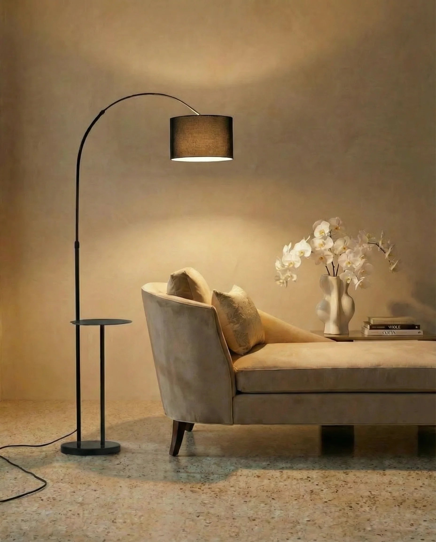 Caspien Sleek Black Arc Floor Lamp with End Table