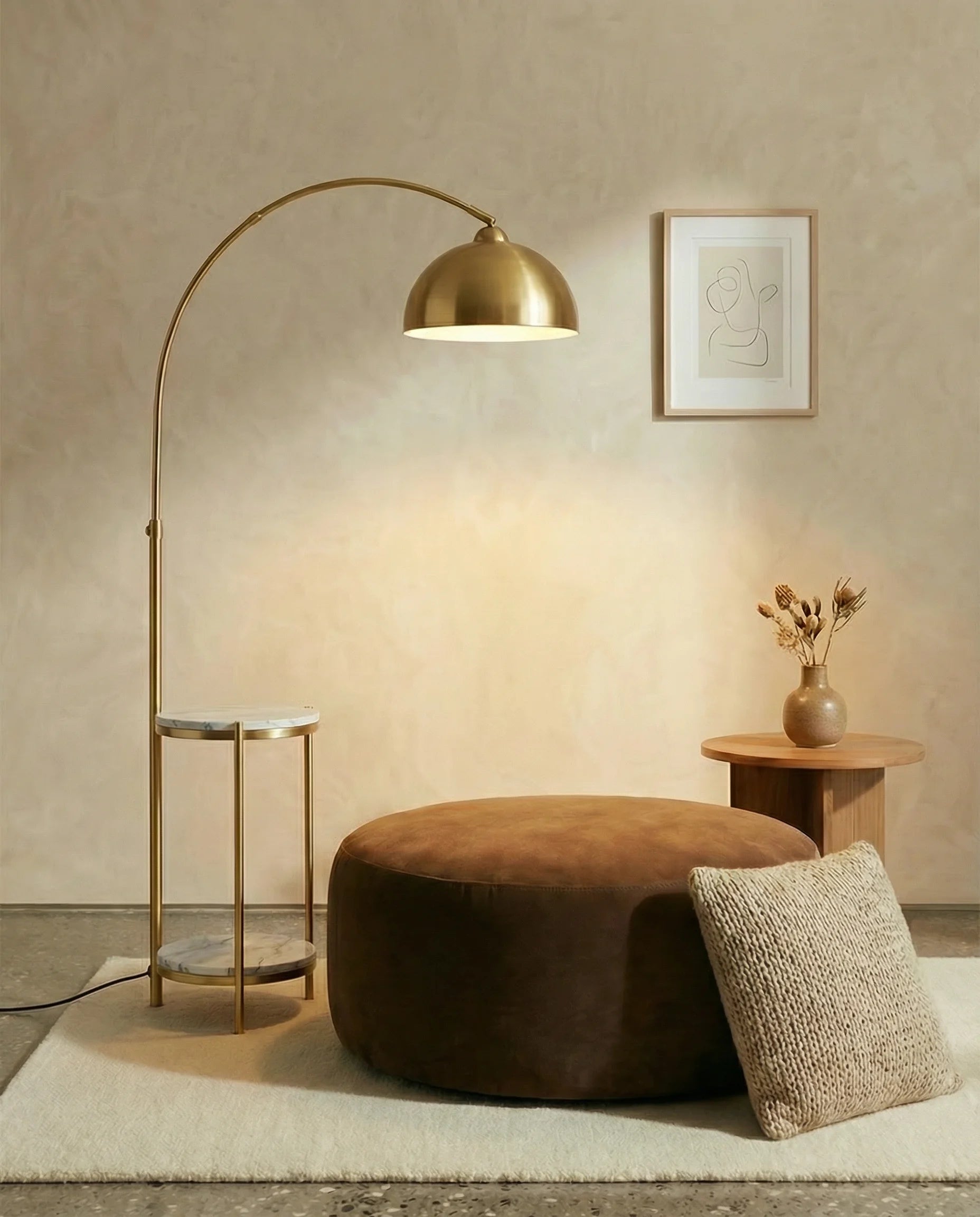 Walter Gold Arc Floor Lamp with Side Table