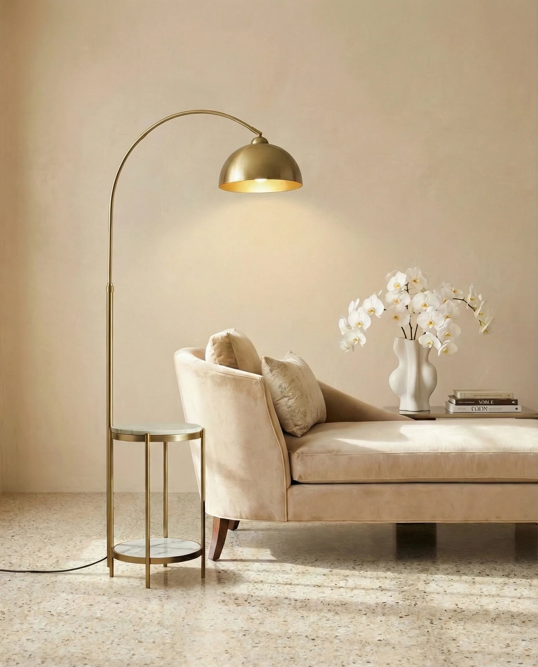Walter Gold Arc Floor Lamp with Side Table