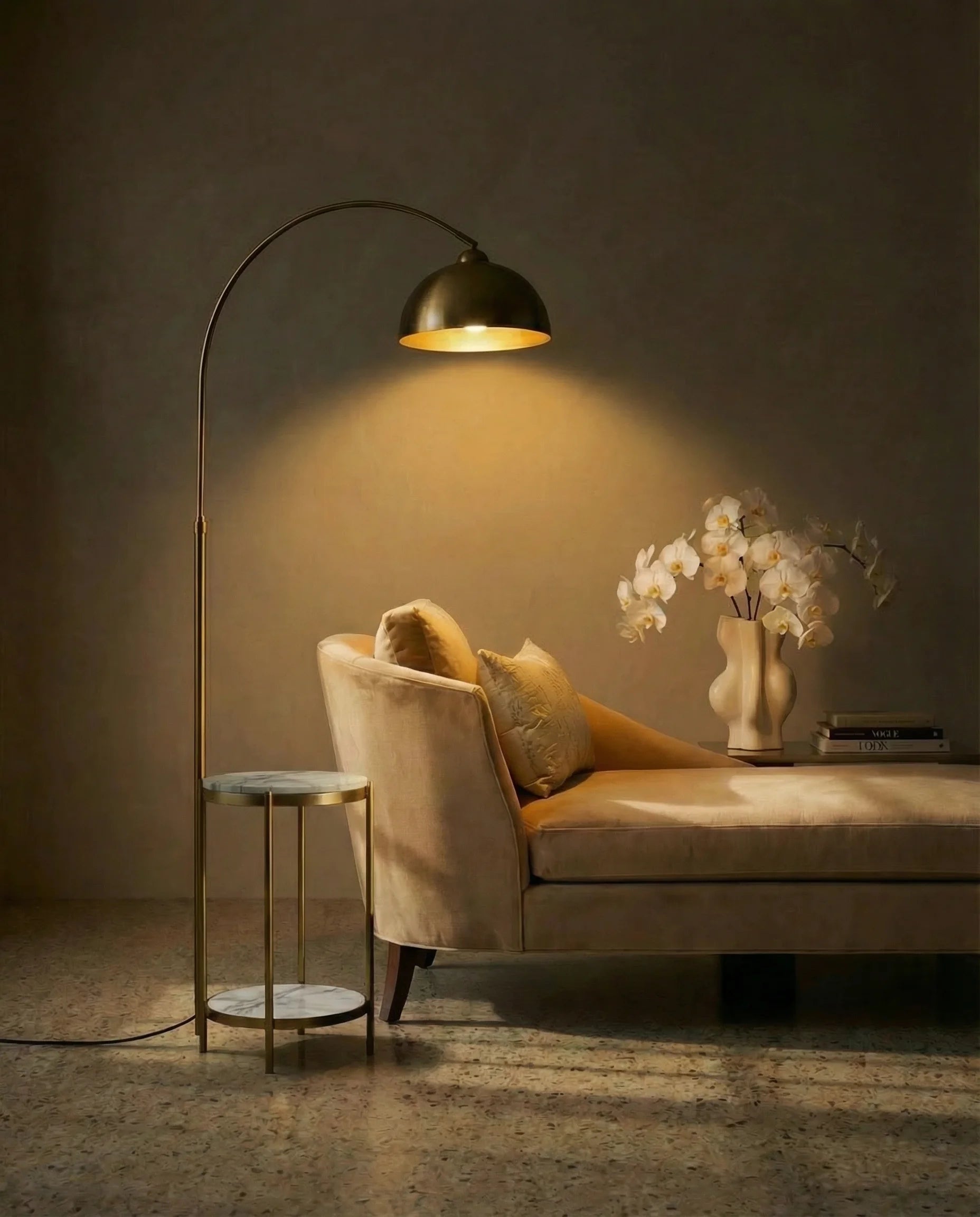 Walter Gold Arc Floor Lamp with Side Table