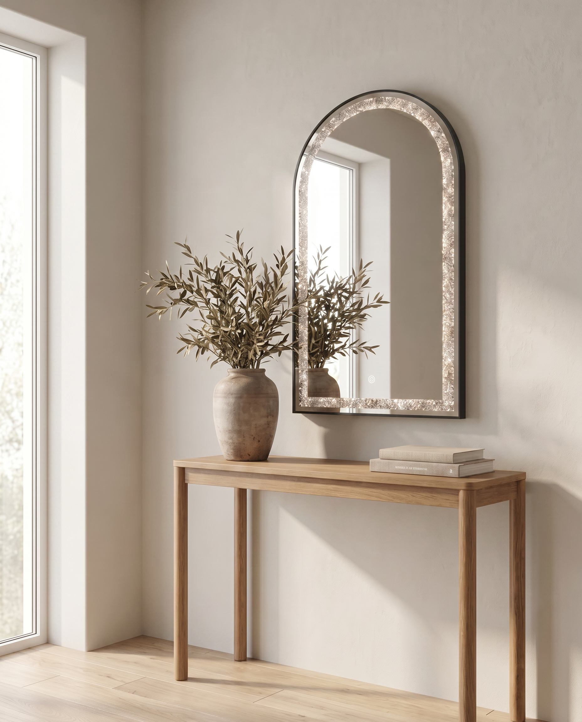 Celine black arch LED mirror with crystal inlay, full view