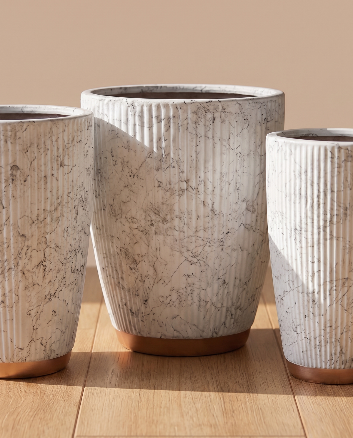 Ribbed Texture Marble Finish Ceramic Pot with Golden Base – alternate view