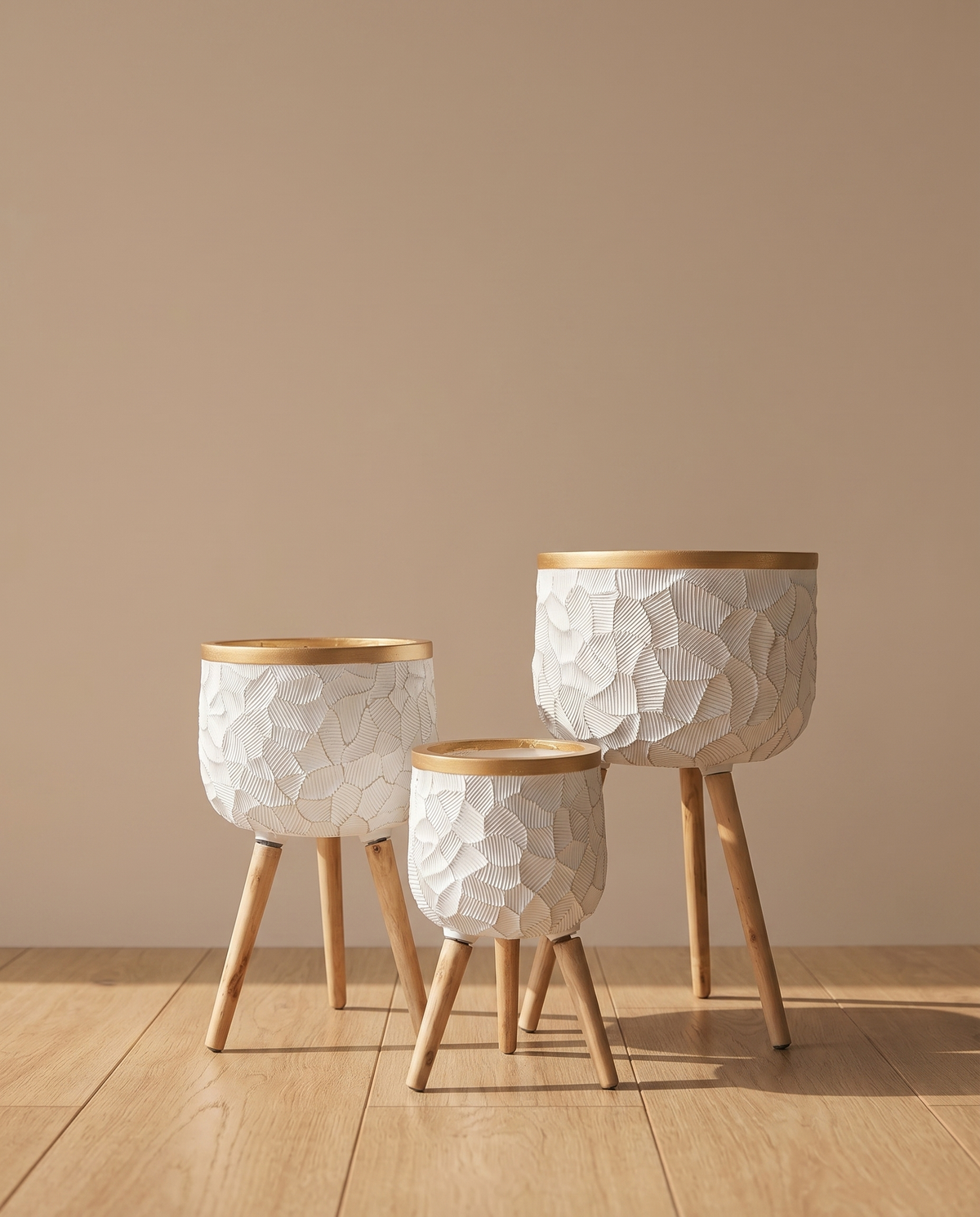 White Textured & Gold Rim Fiber Planters with Wooden Legs – set of 3