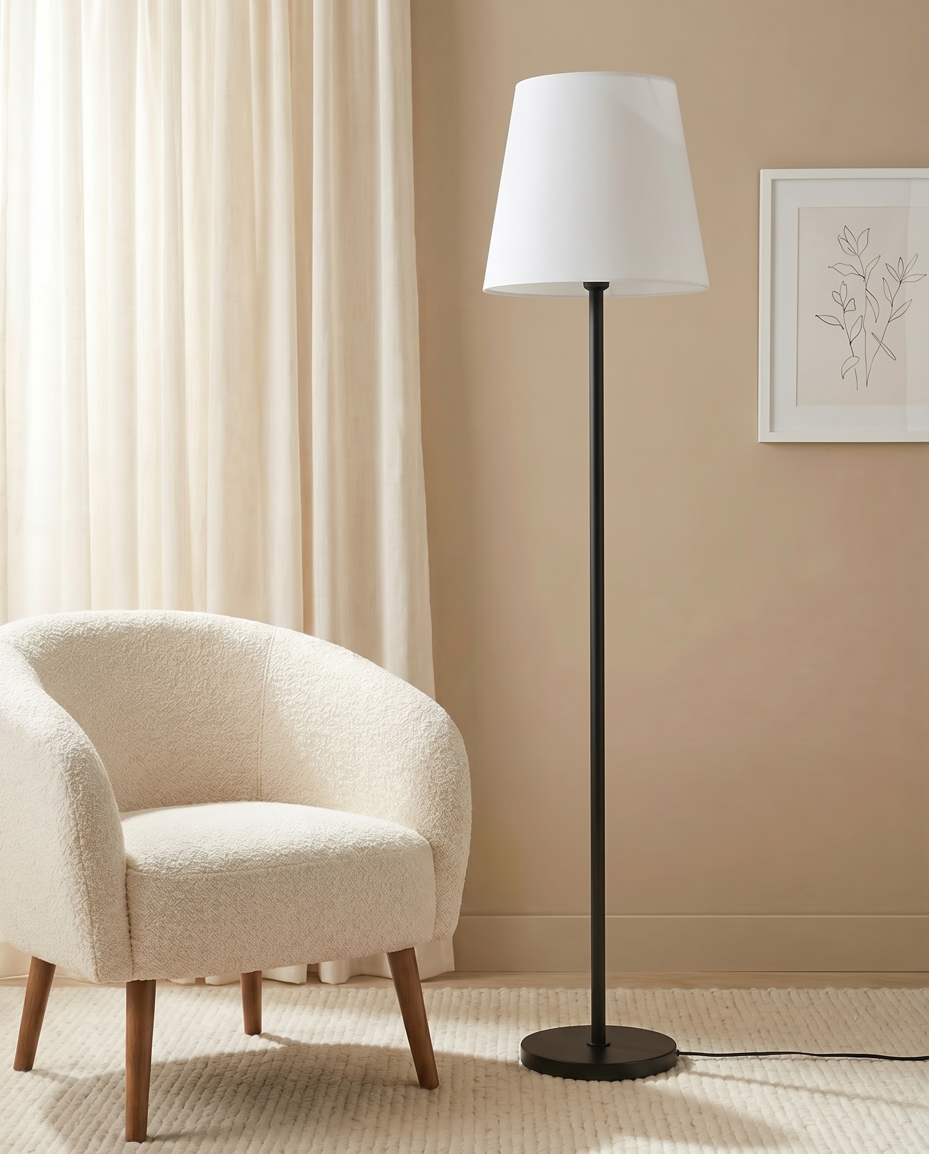 Black floor lamp with off-white fabric shade