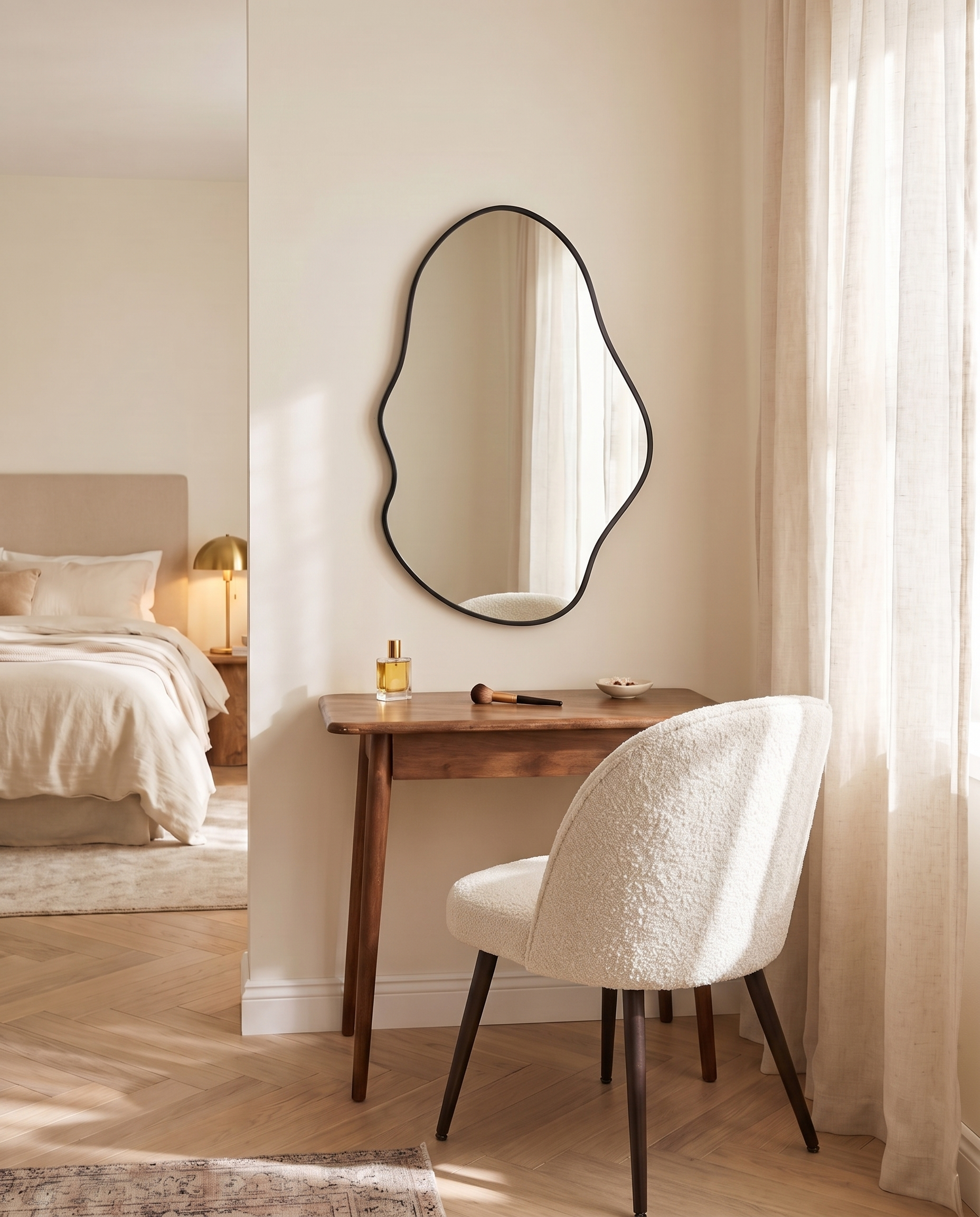 Onda black irregular wall mirror, close-up of the frame