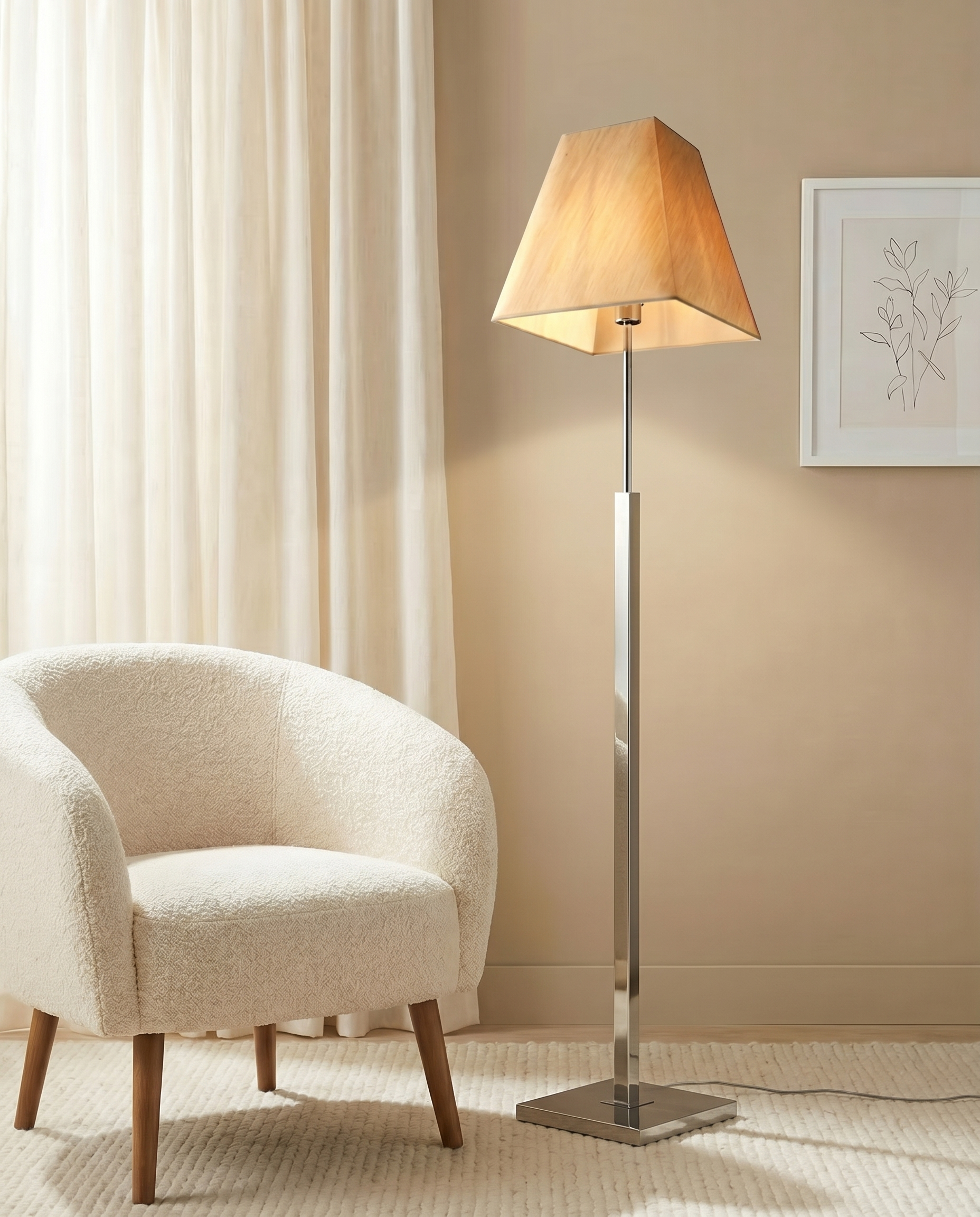 Silver floor lamp with light brown fabric shade