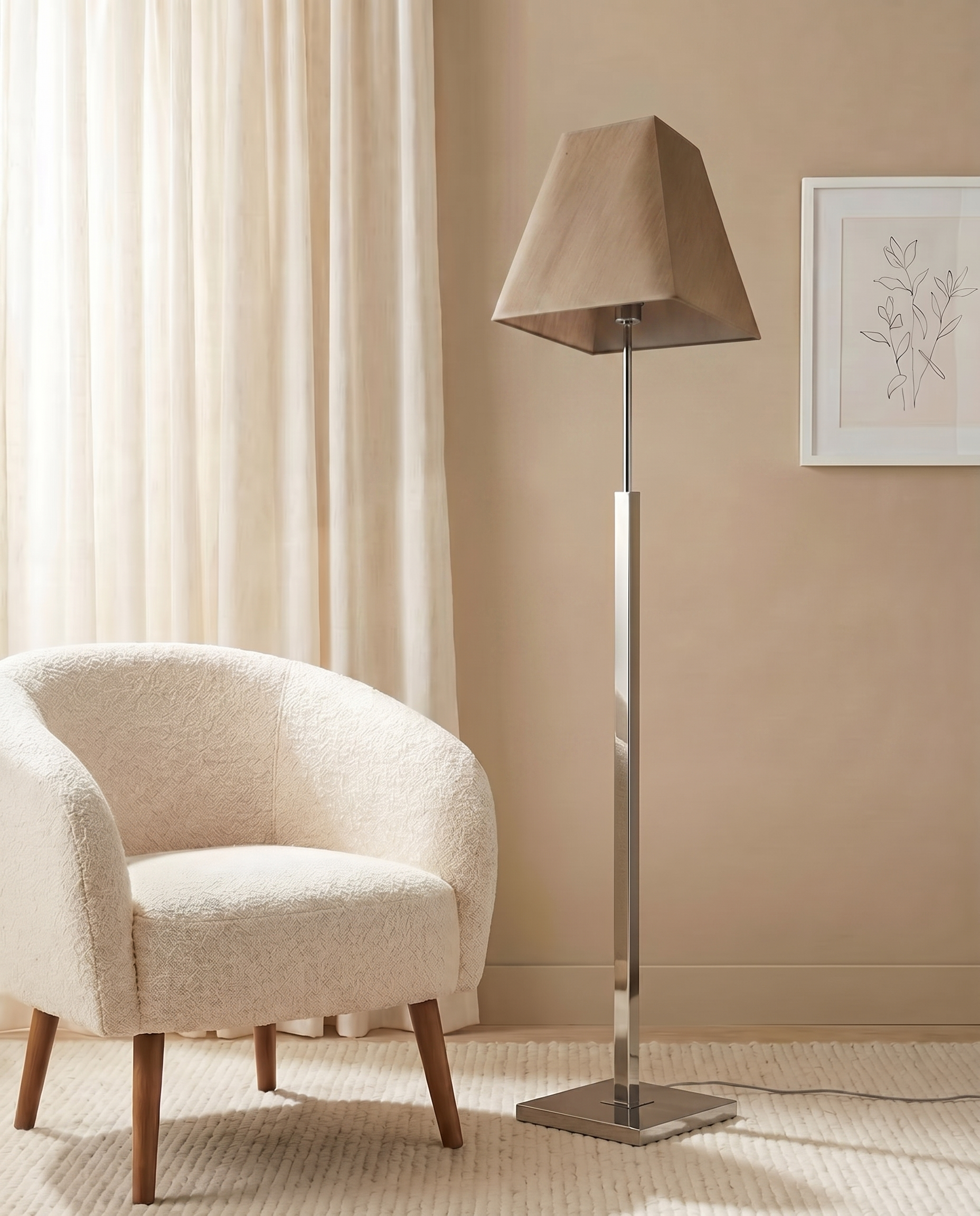 Silver floor lamp with light brown shade, detail