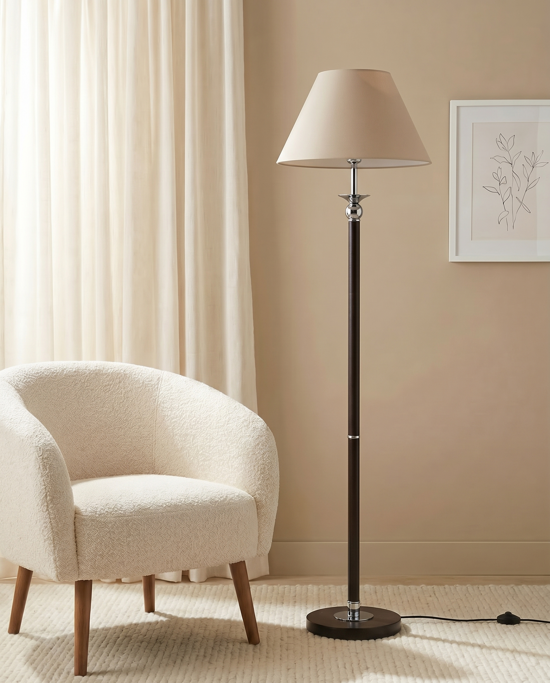 Black wooden floor lamp with white fabric shade
