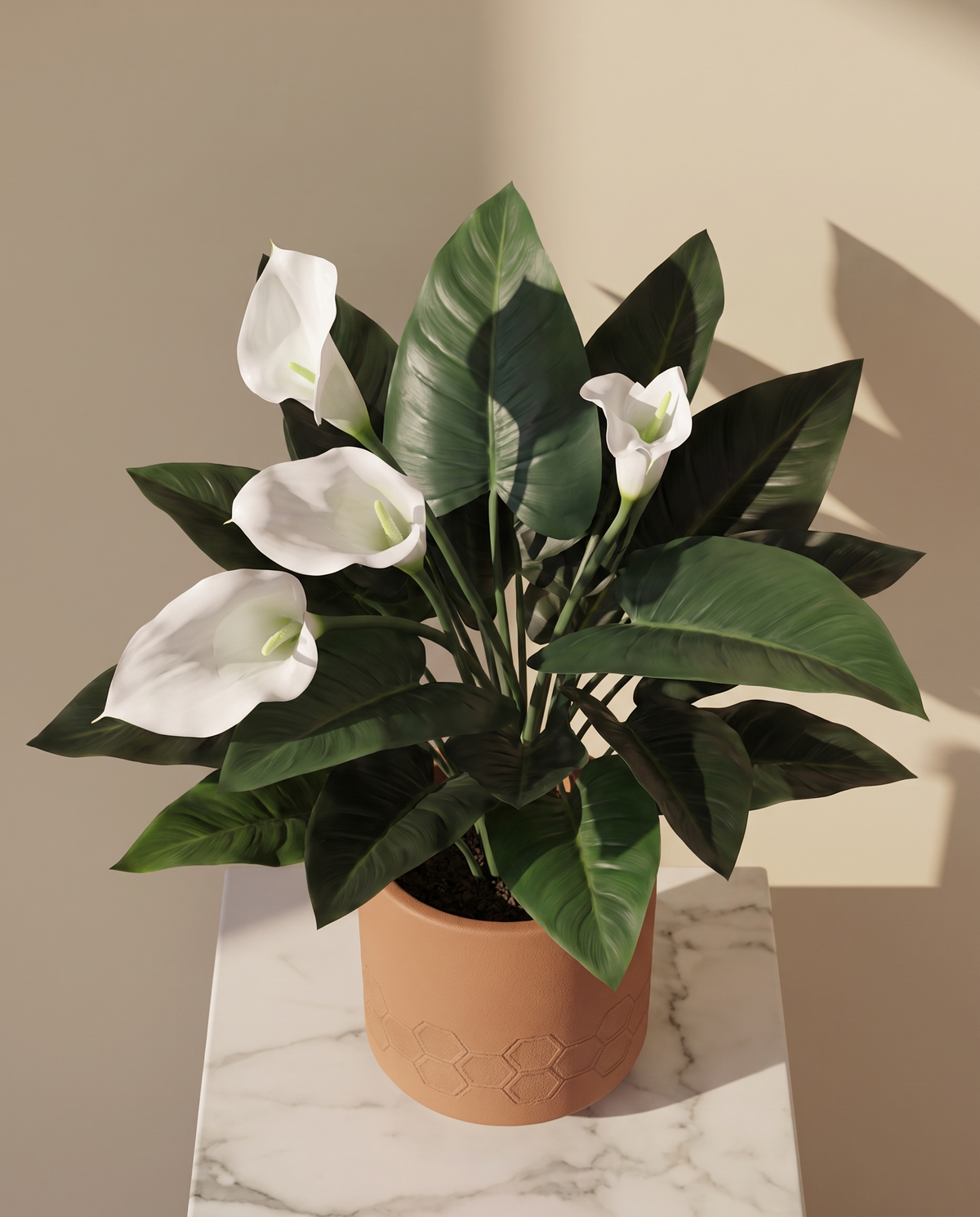 White Calla Lily Artificial Plant – close-up of the white blooms and leaves