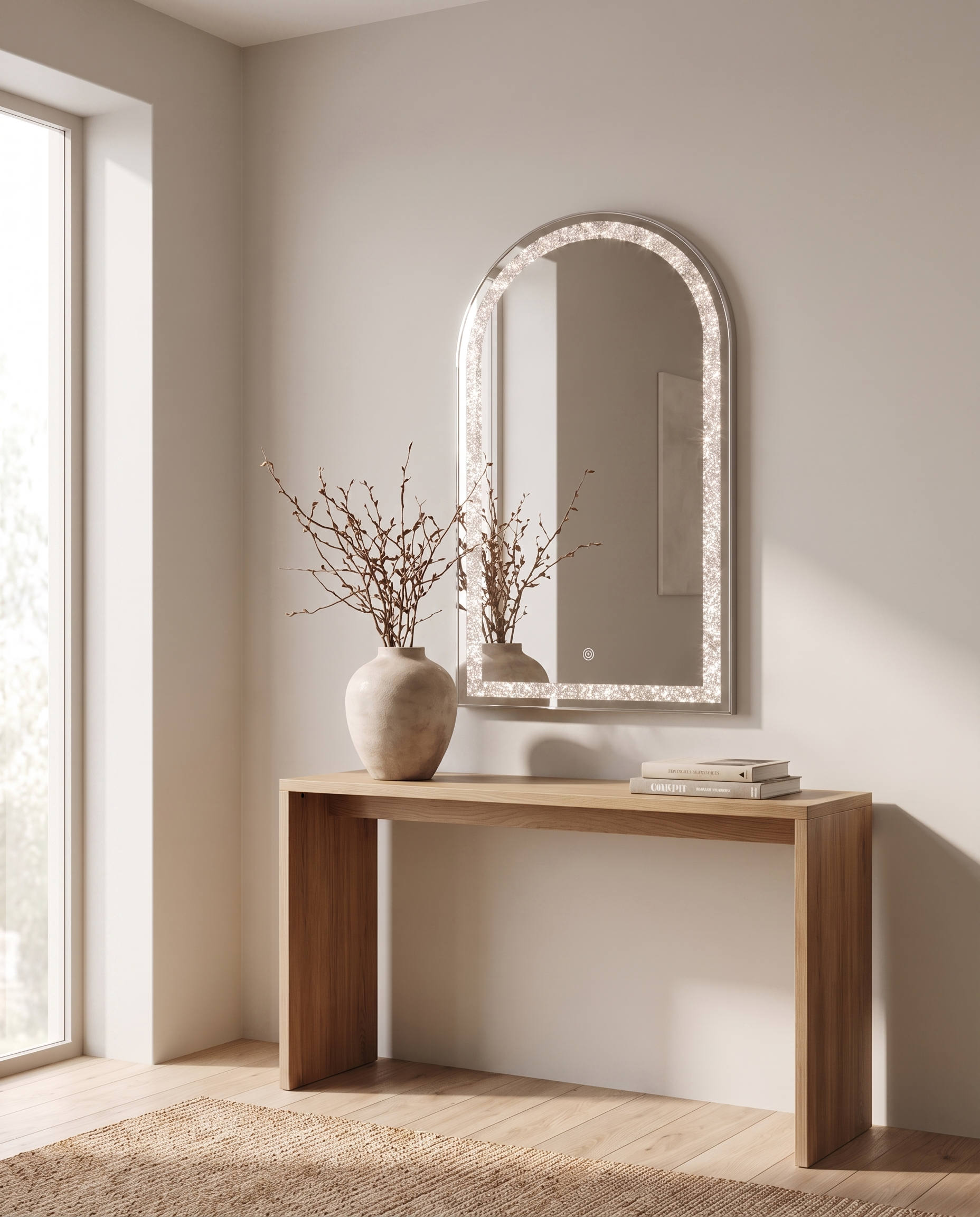 Celine silver arch LED mirror with crystal inlay, full view