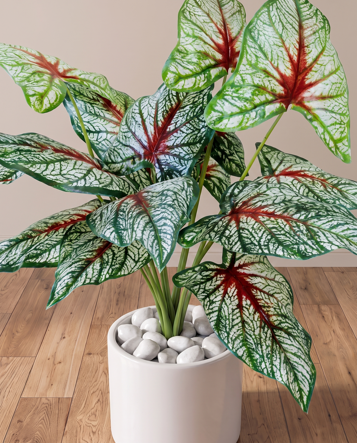Red & Green Leaf Caladium Artificial Plant – closer view of the plant and base