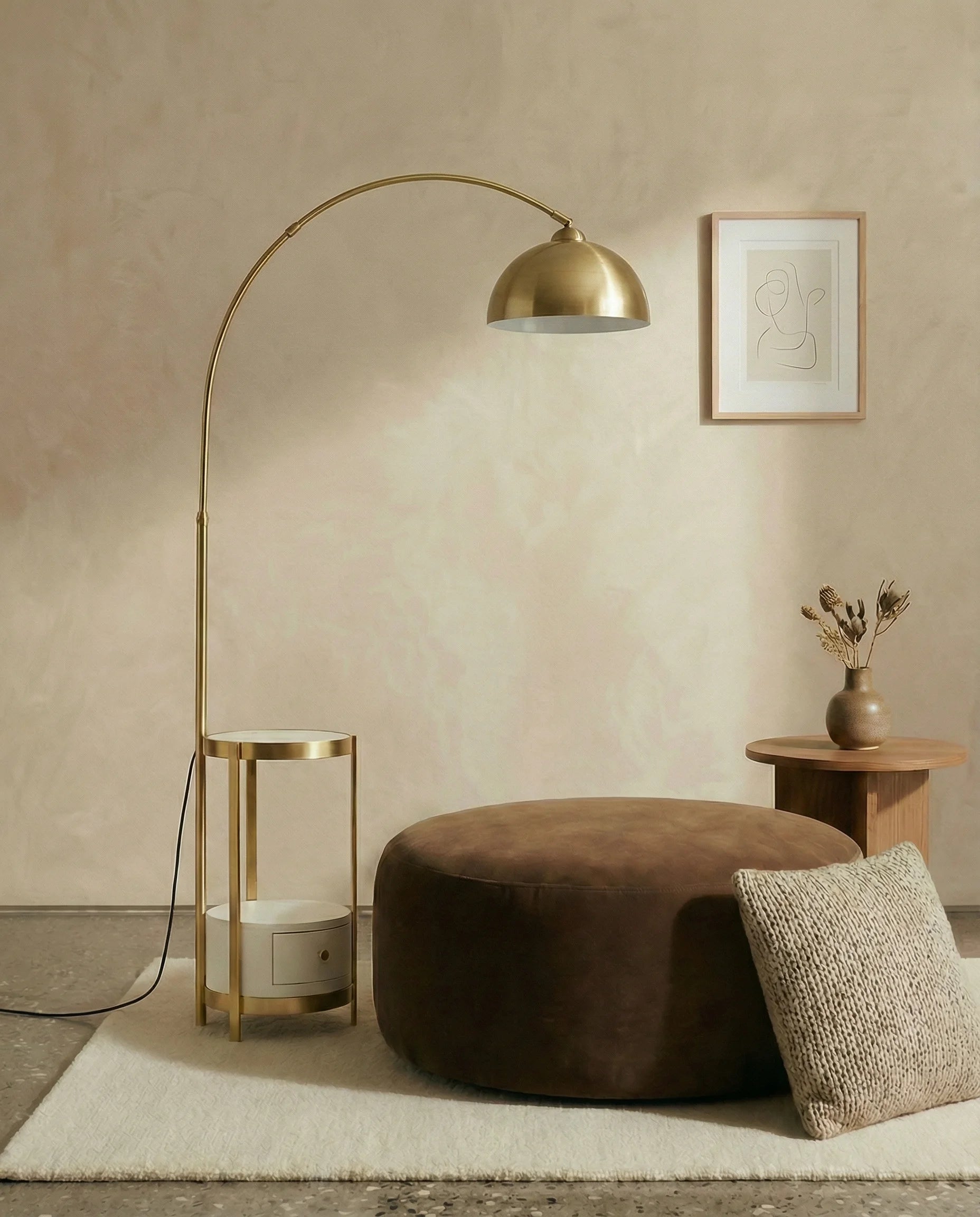 Anzar Gold Arc Floor Lamp with Side Table