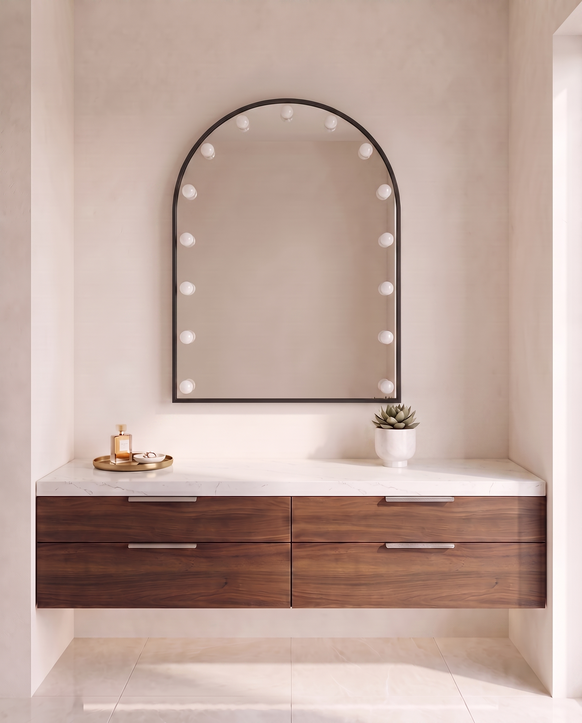 Soraya black arch wall mirror, close-up of the lit bulbs
