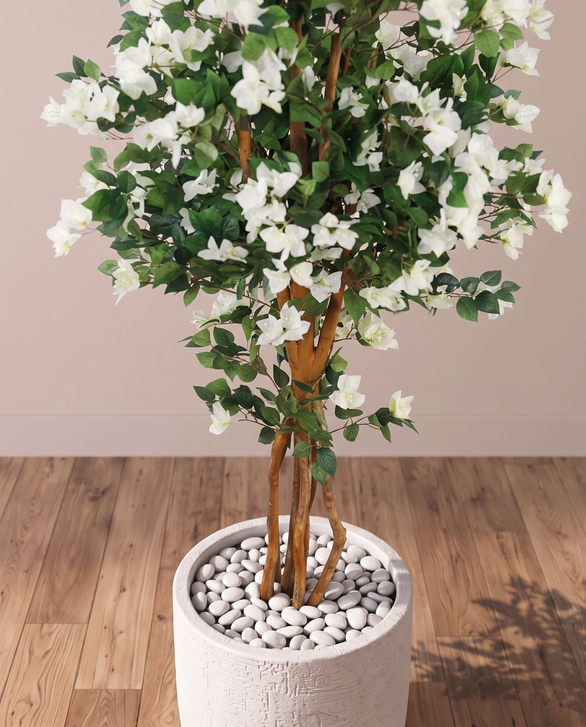 White Flower Bougainvillea Artificial Tree – closer view of the twisted trunk and base