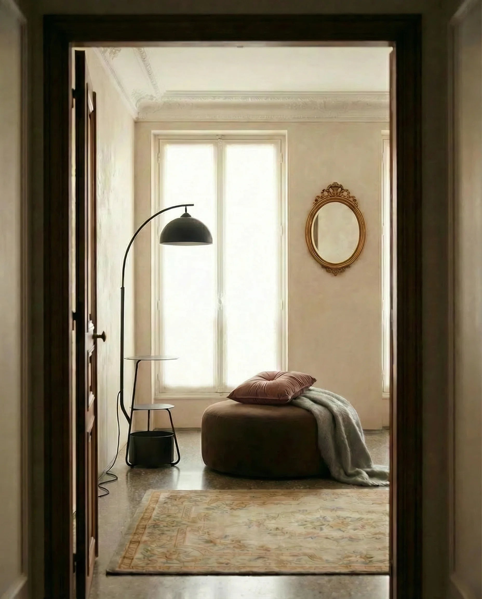 Lovcen Black Arched Floor Lamp with Tables & Shelve