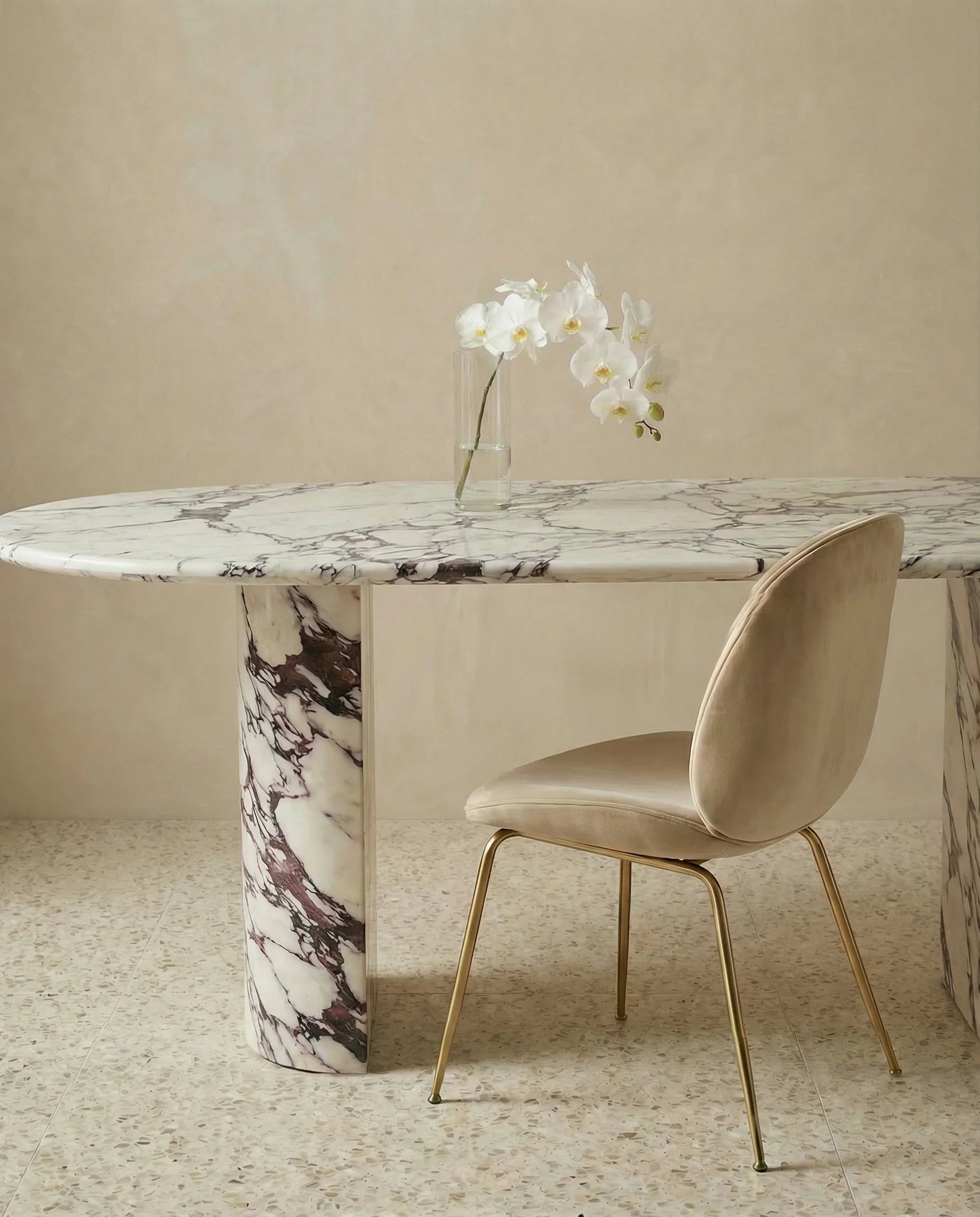 Armani Calacatta Marble Dining Table with Semi-Circle Base