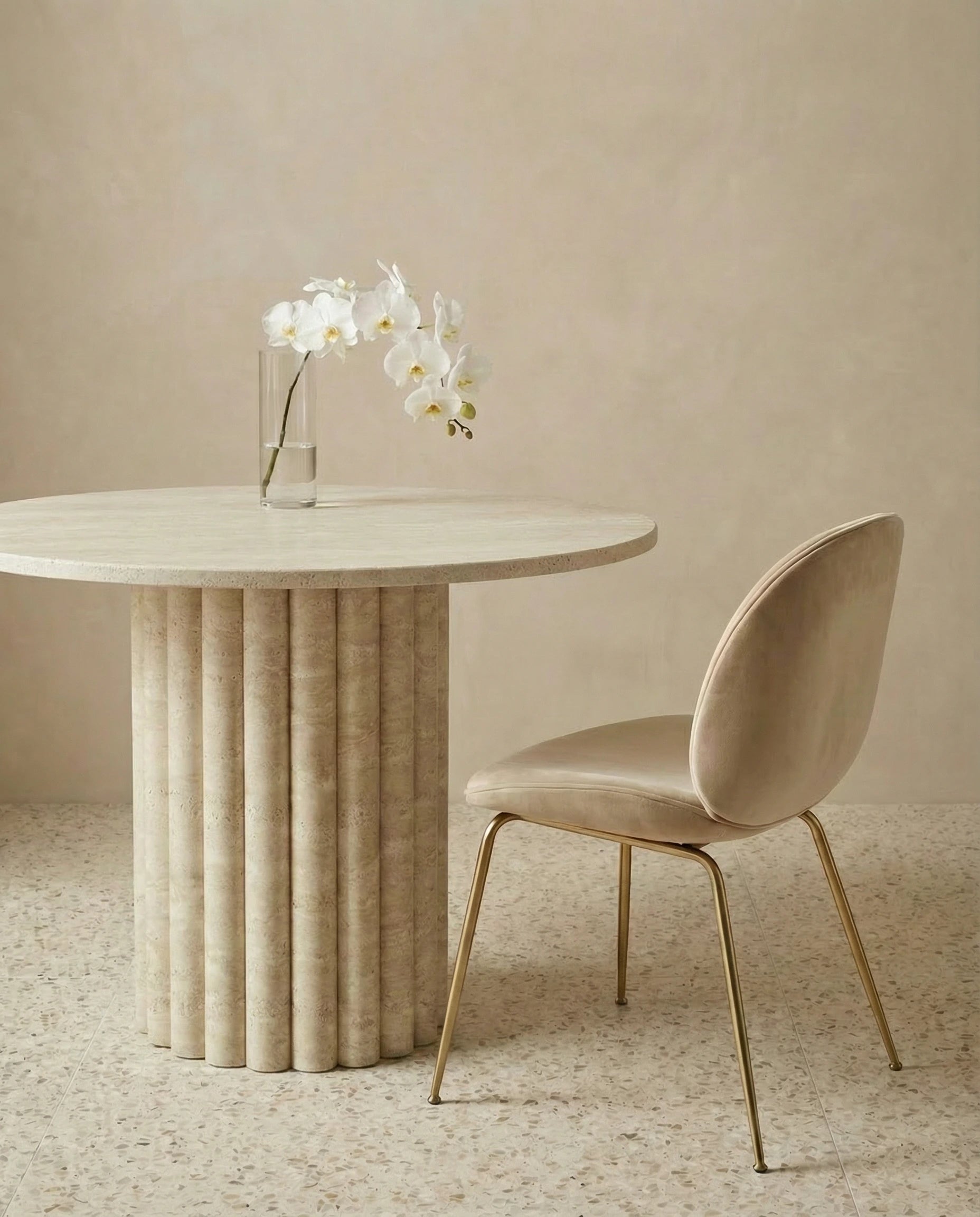 Sinclair Travertine Round Dining Table with Fluted Base