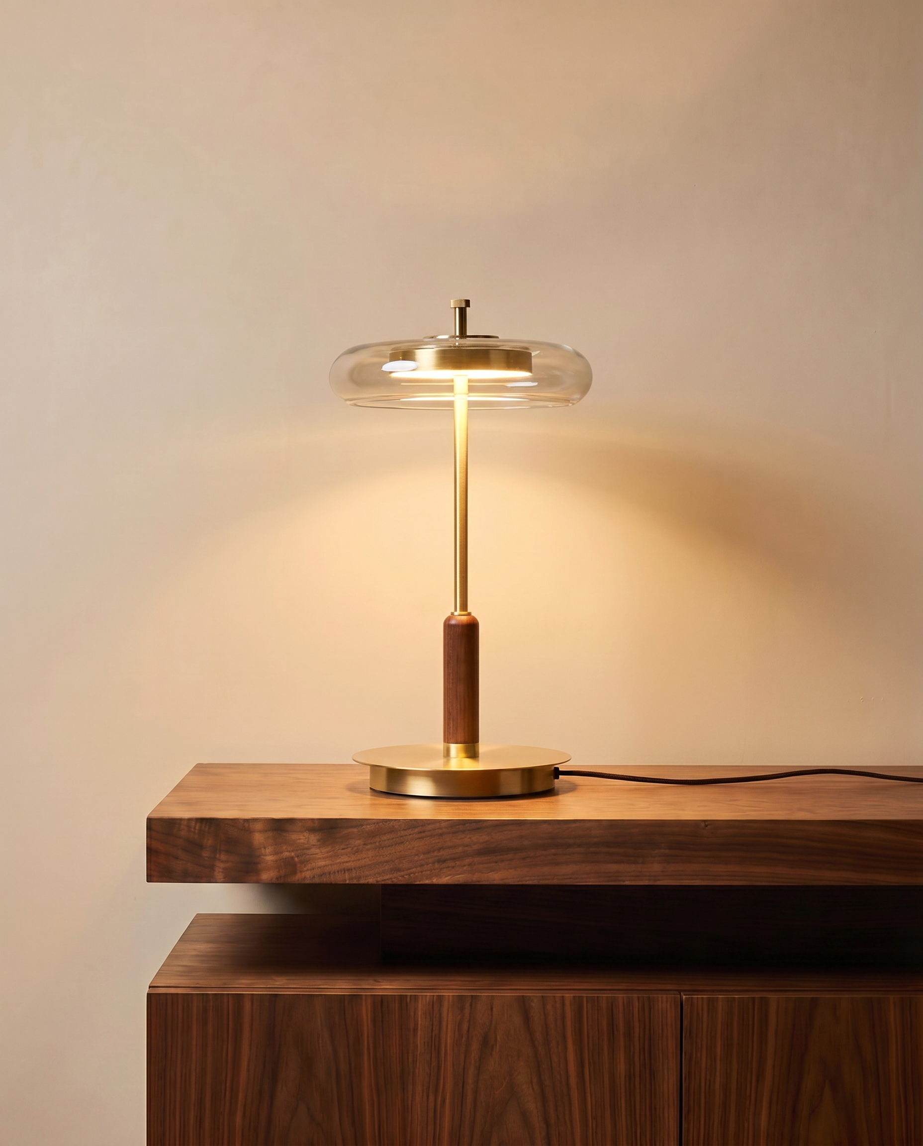 Walnut and glass LED table lamp, detail