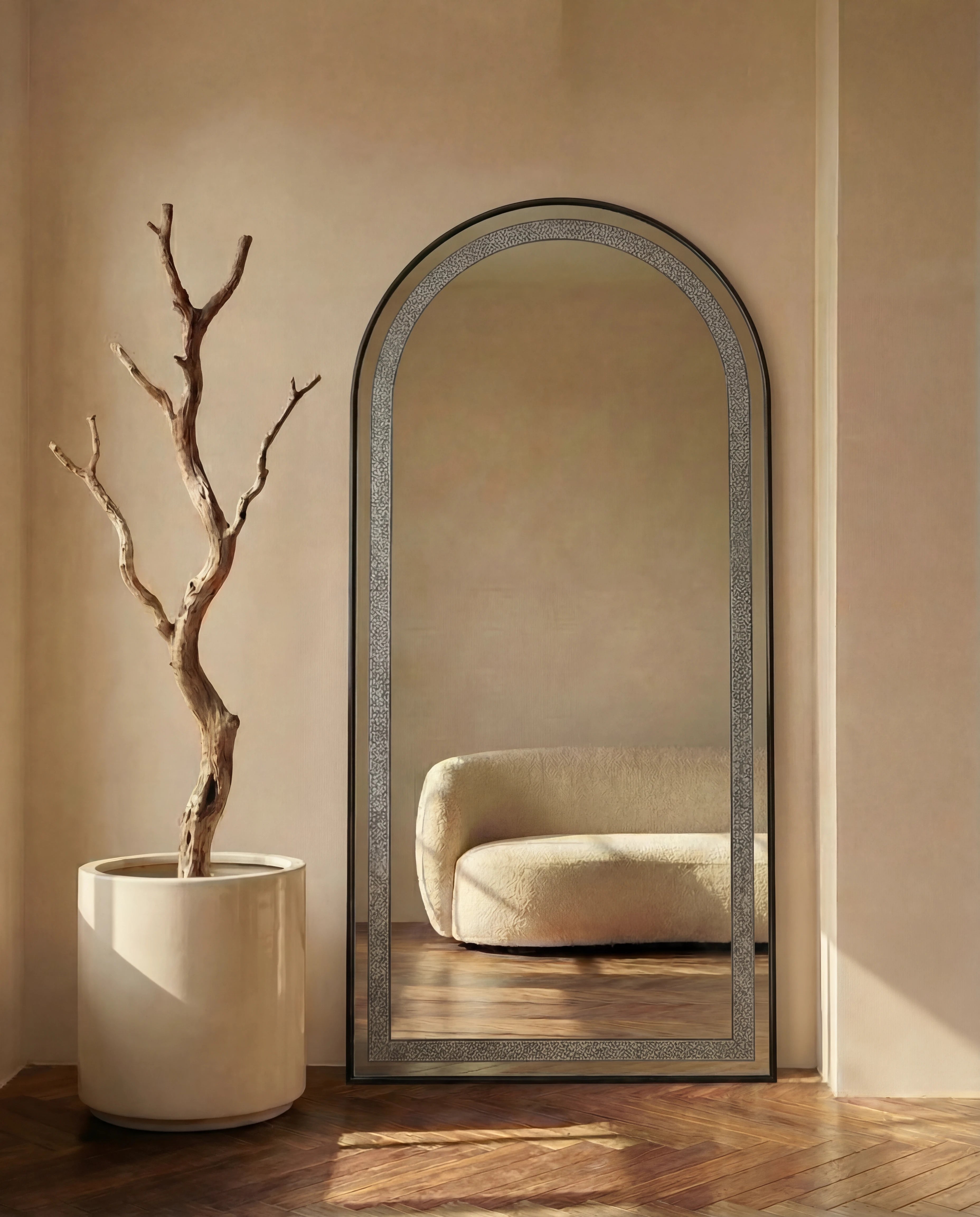 Almas Black Frame LED Crystal Arched Floor Mirror