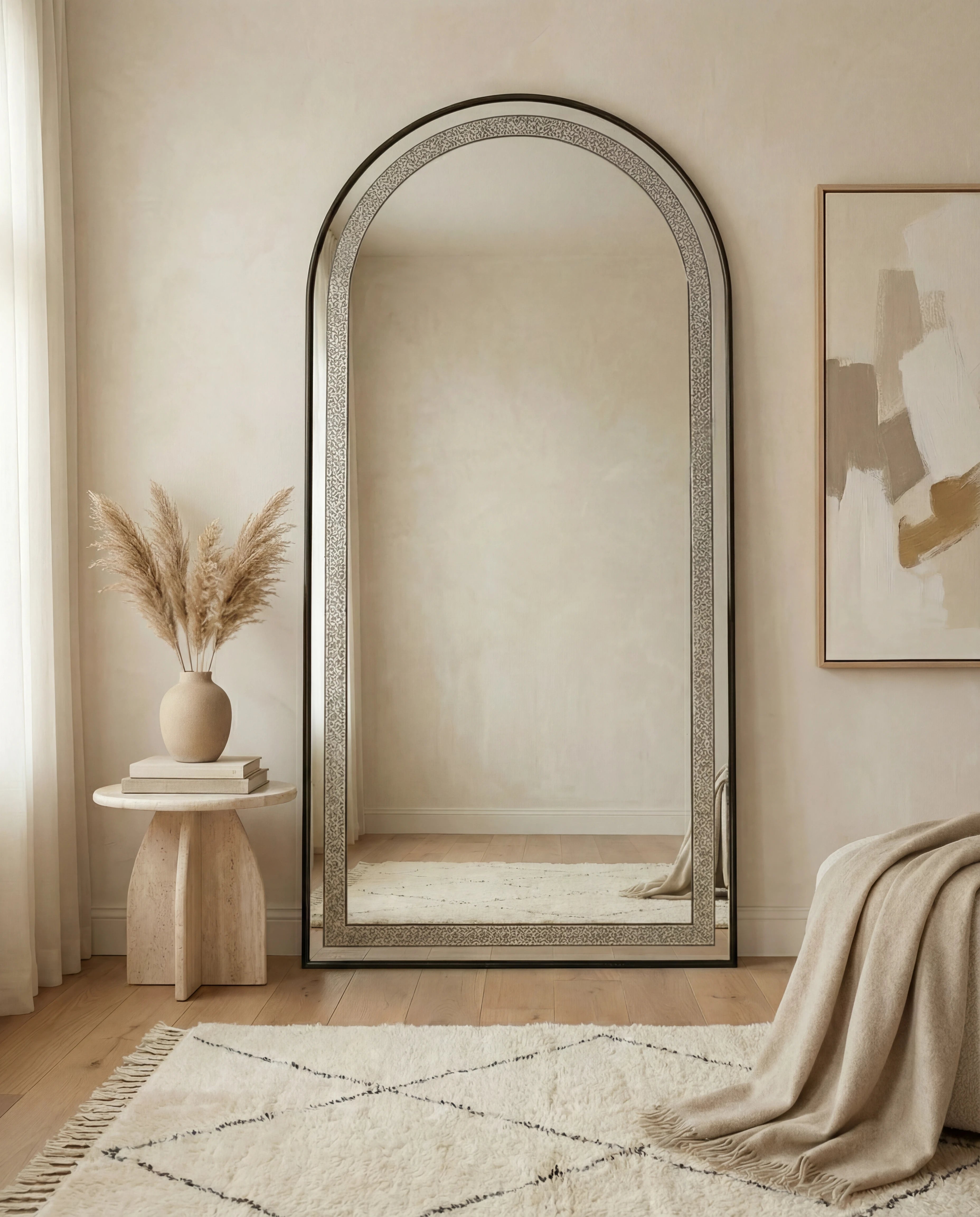 Almas Black Frame LED Crystal Arched Floor Mirror