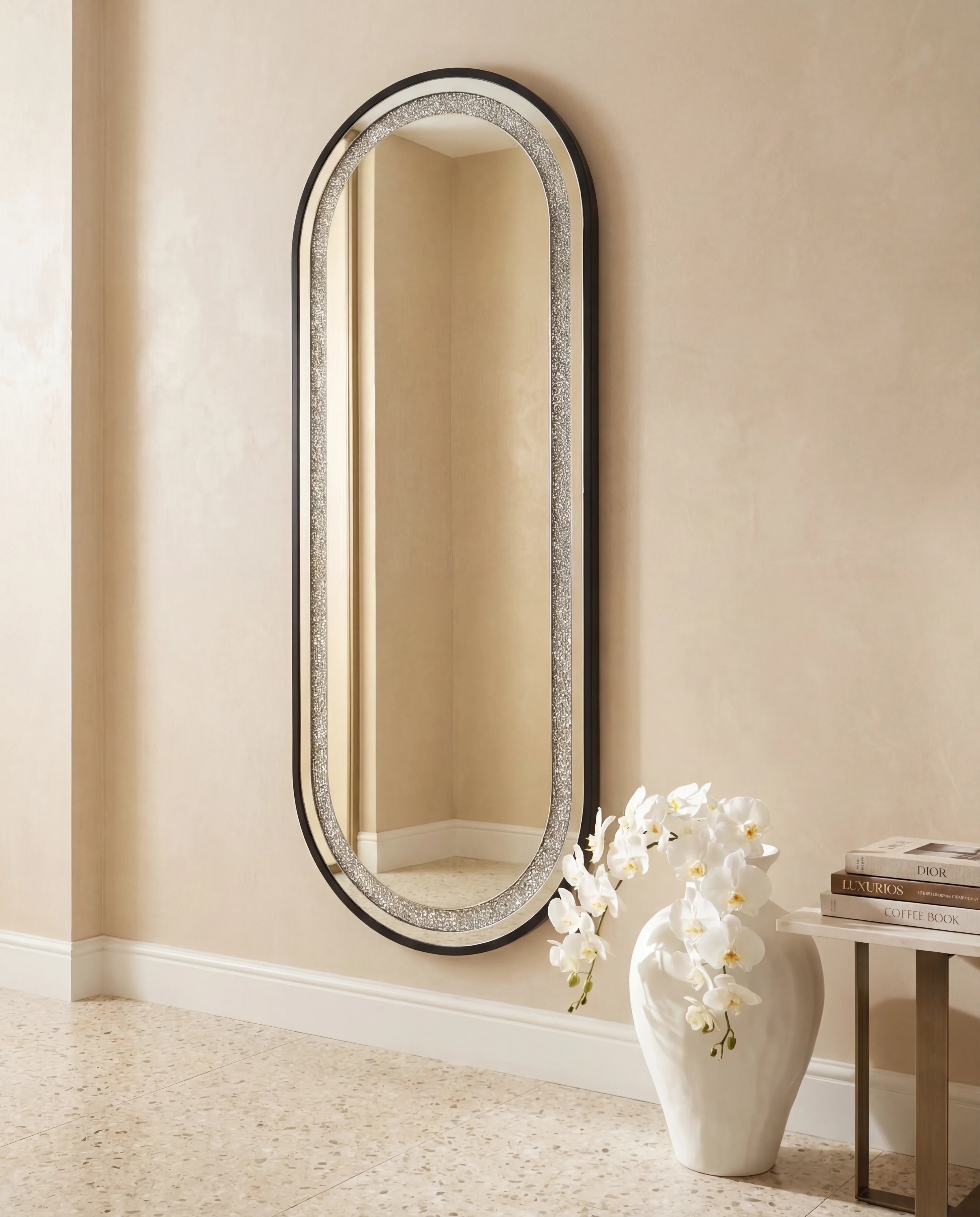 Almas Black Frame LED Crystal Ovall Wall Mirror