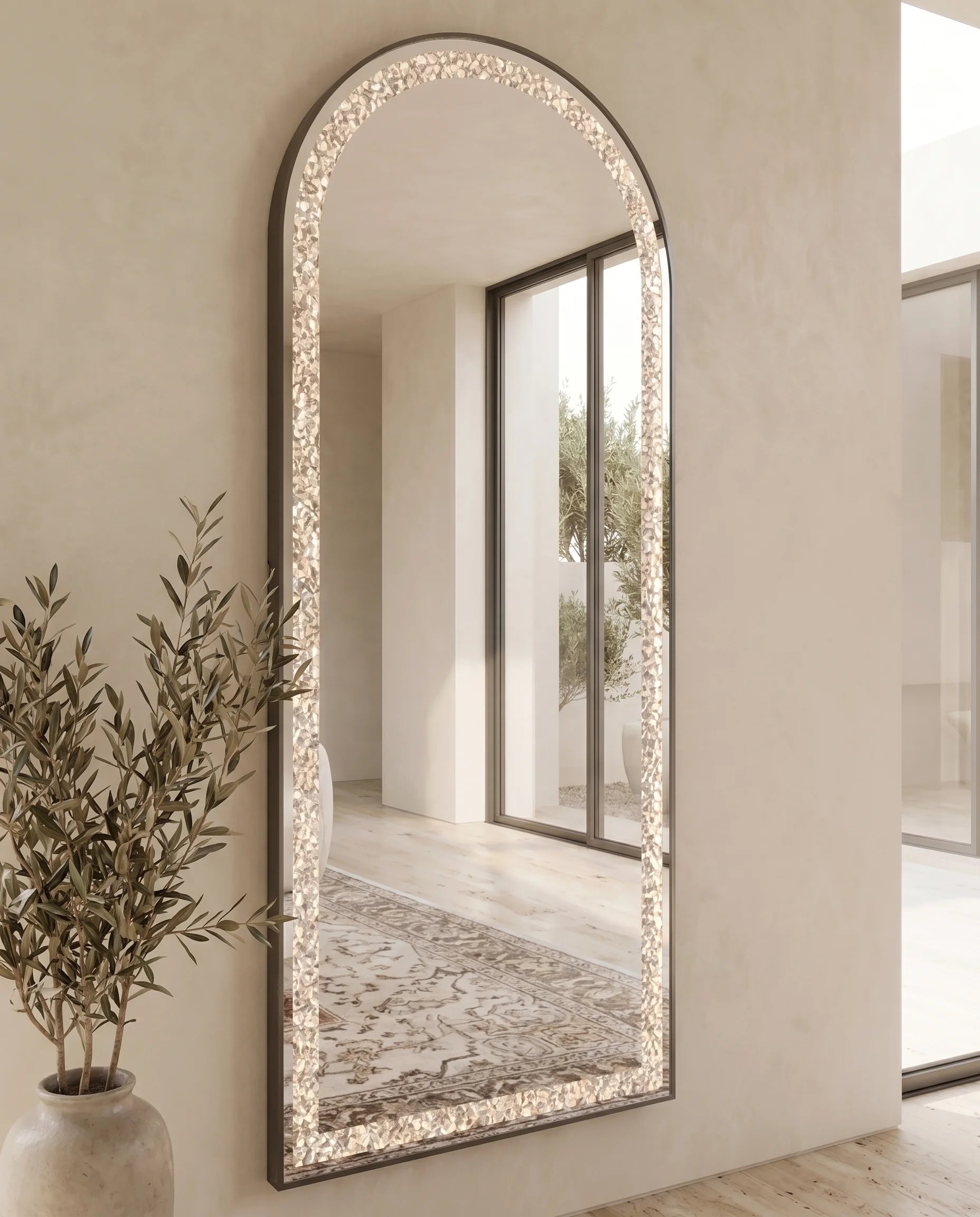 Almas black frame LED crystal arched floor mirror