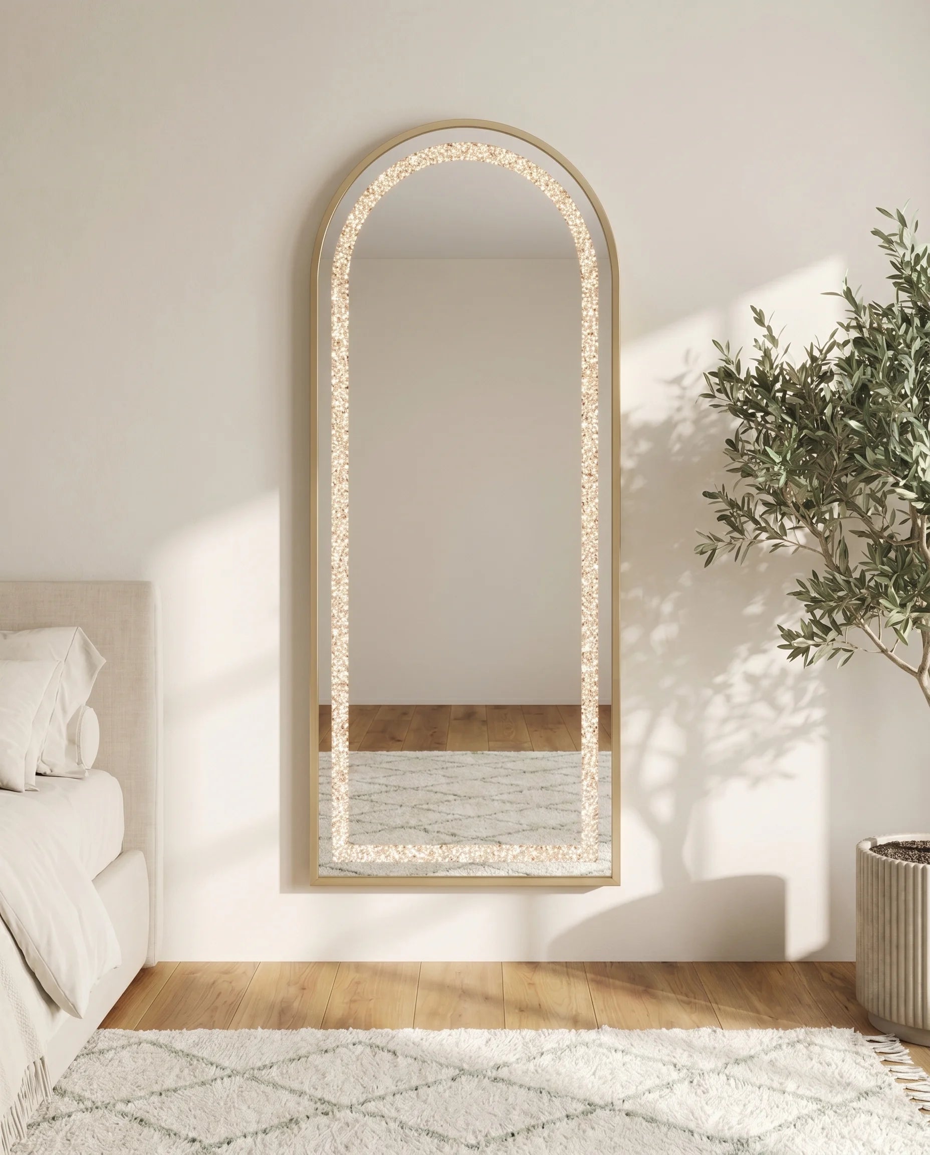 Almas golden frame LED crystal arched floor mirror