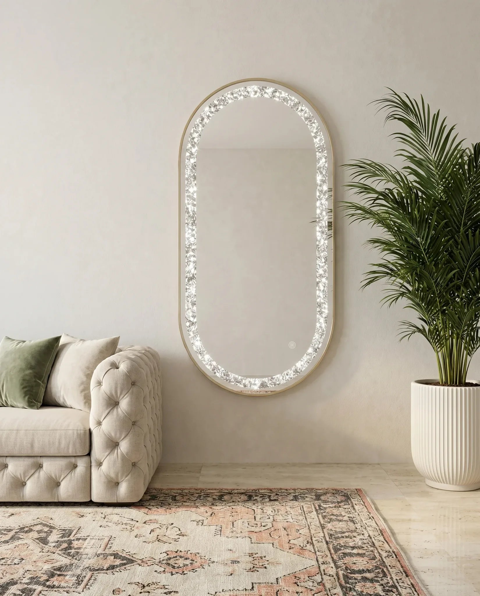 Almas gold crystal LED oval wall mirror in a Dubai bathroom