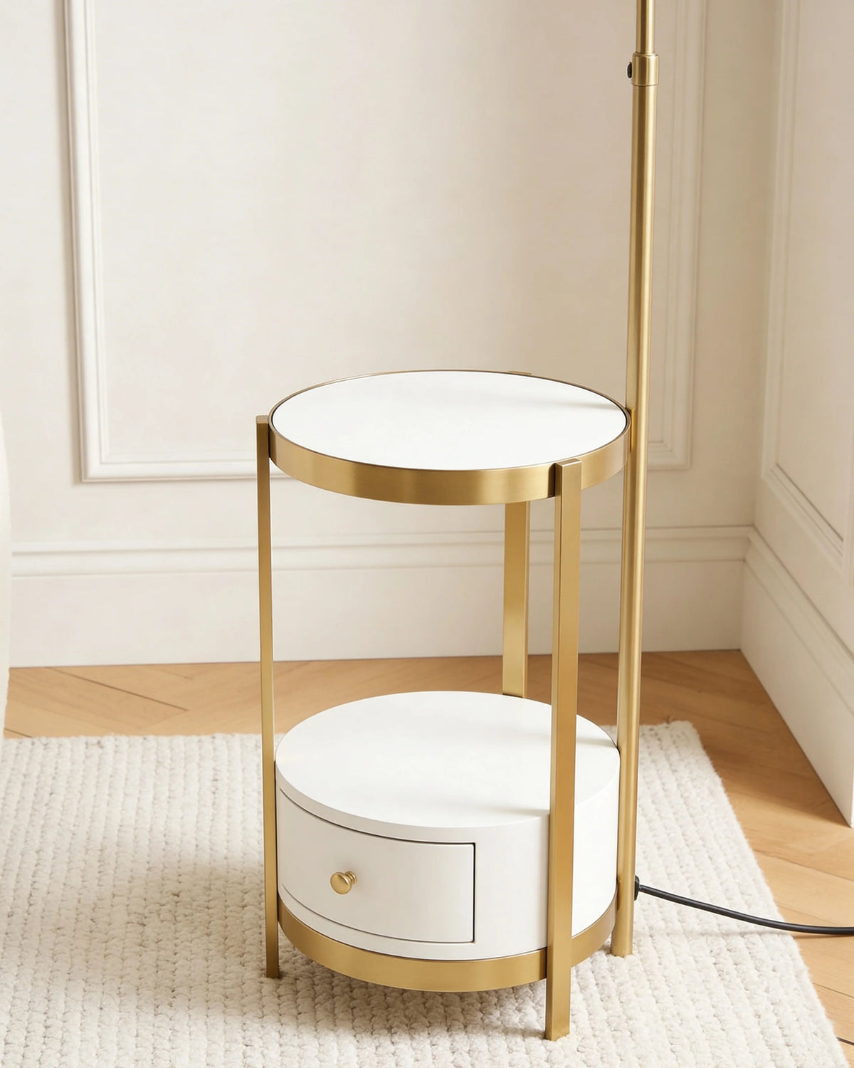 Anzar gold arc floor lamp with marble table, close-up detail