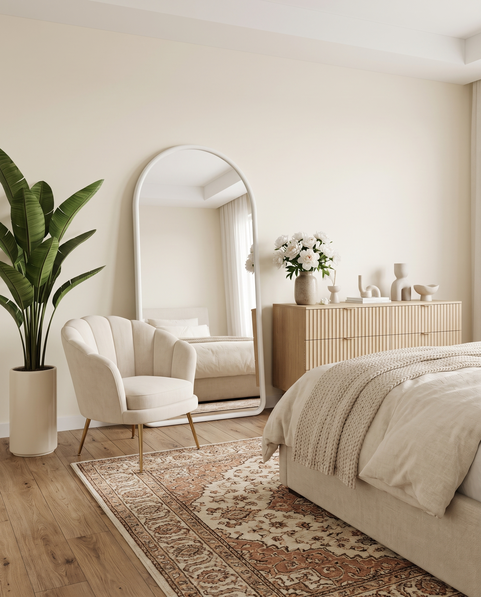 Marlowe off-white arch floor mirror, close-up of the frame