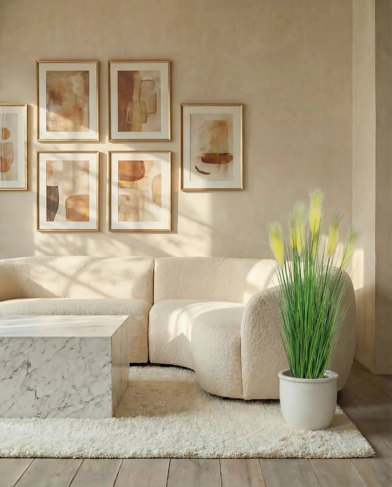 Yellow artificial pampas grass in a Dubai living room