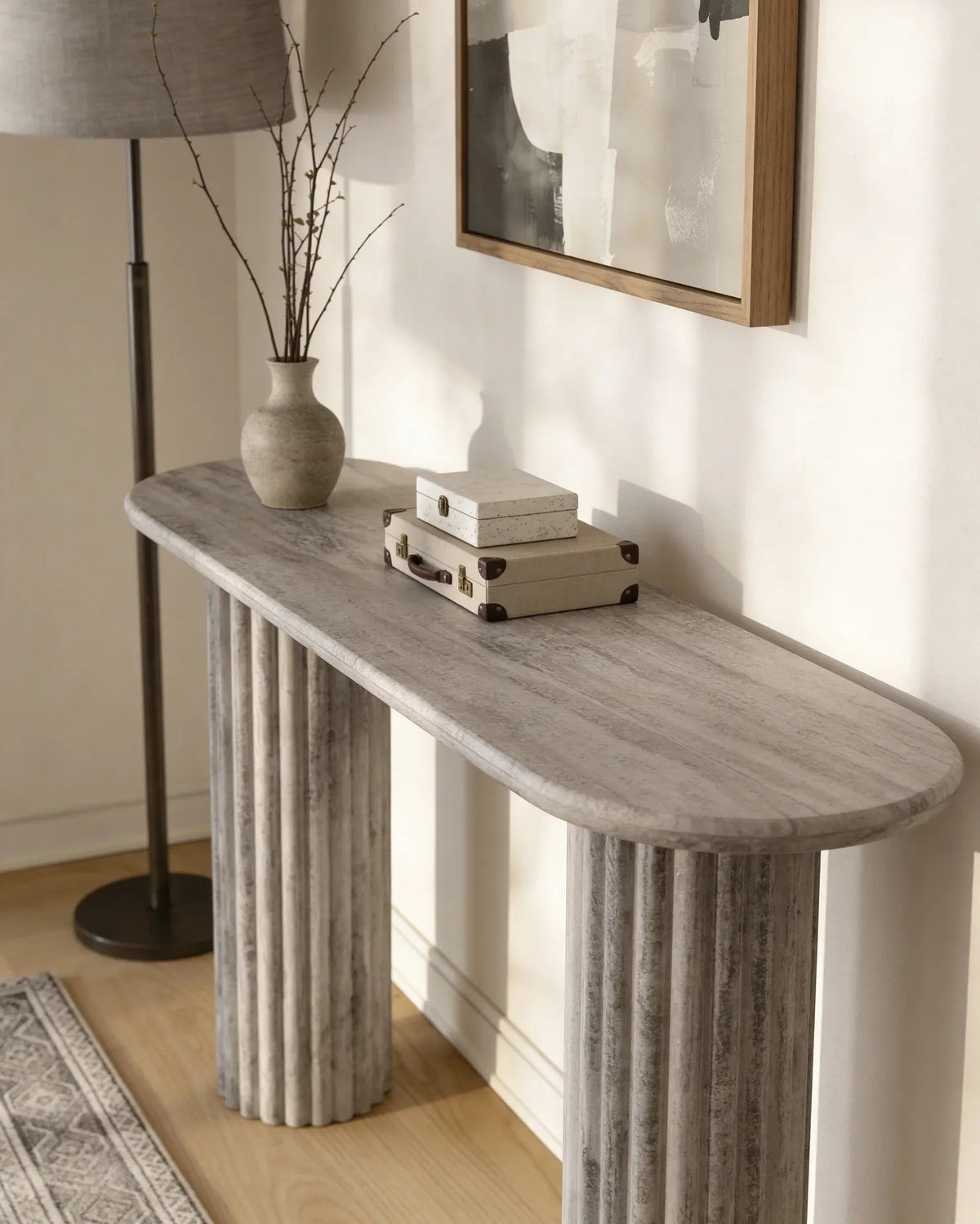 Austin grey travertine console table in a Dubai entryway