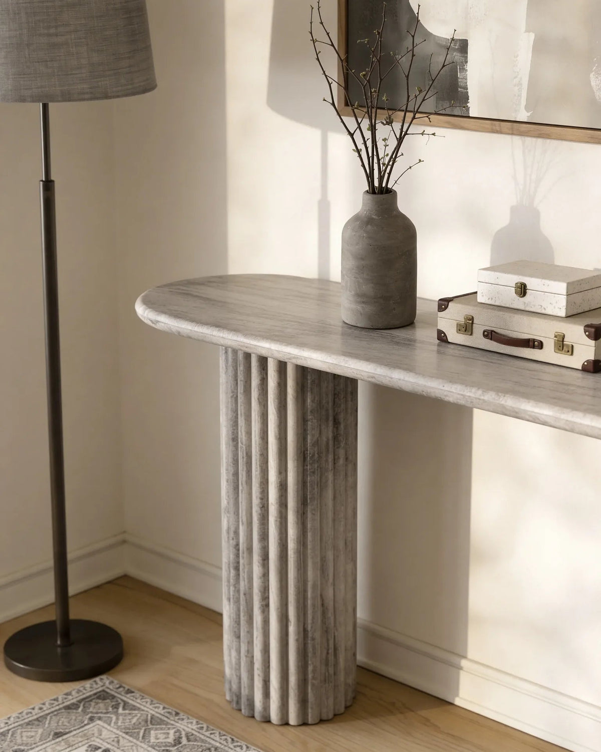 Austin grey travertine fluted console table, full view