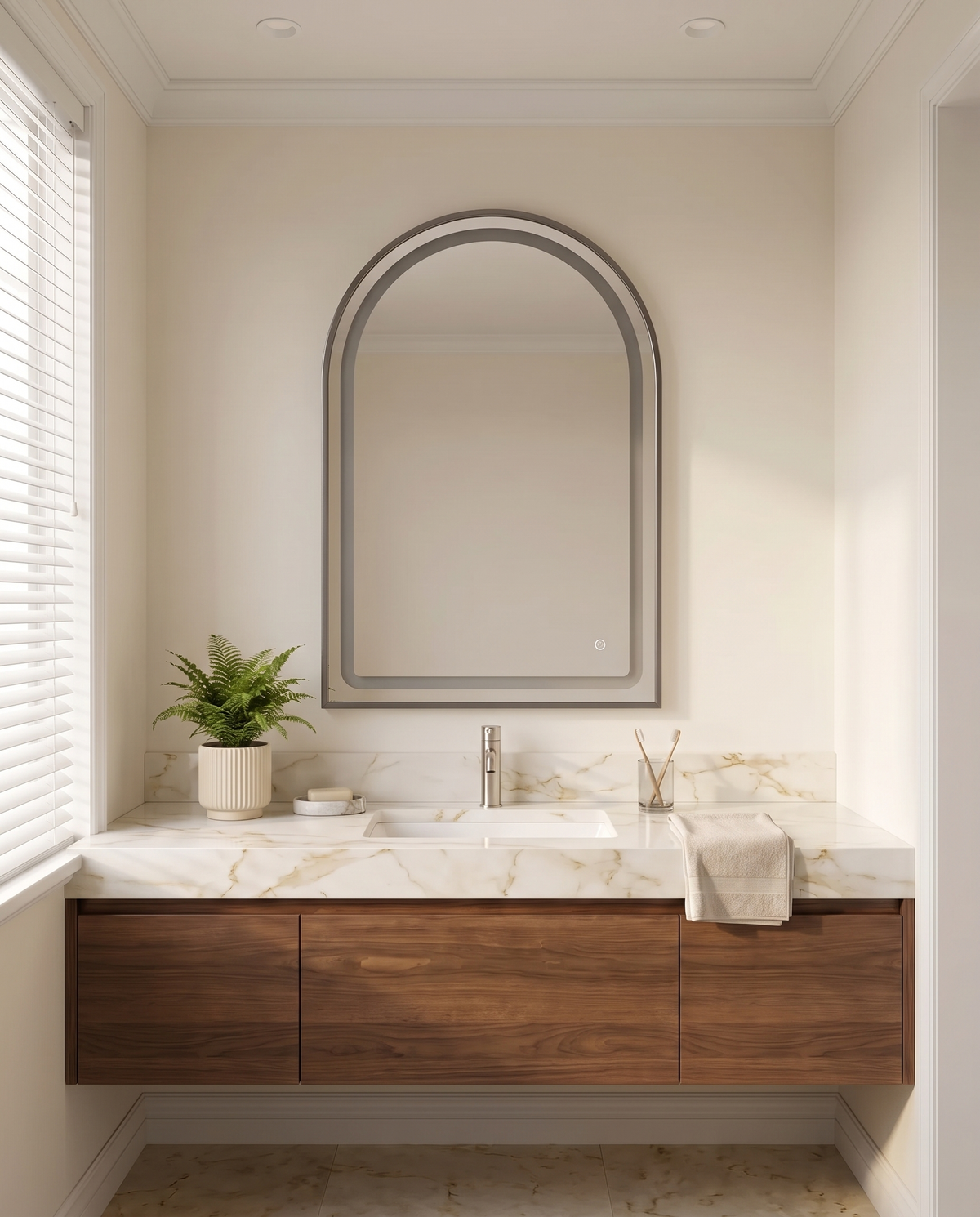 Silver Framed Arched Mirror with front LED