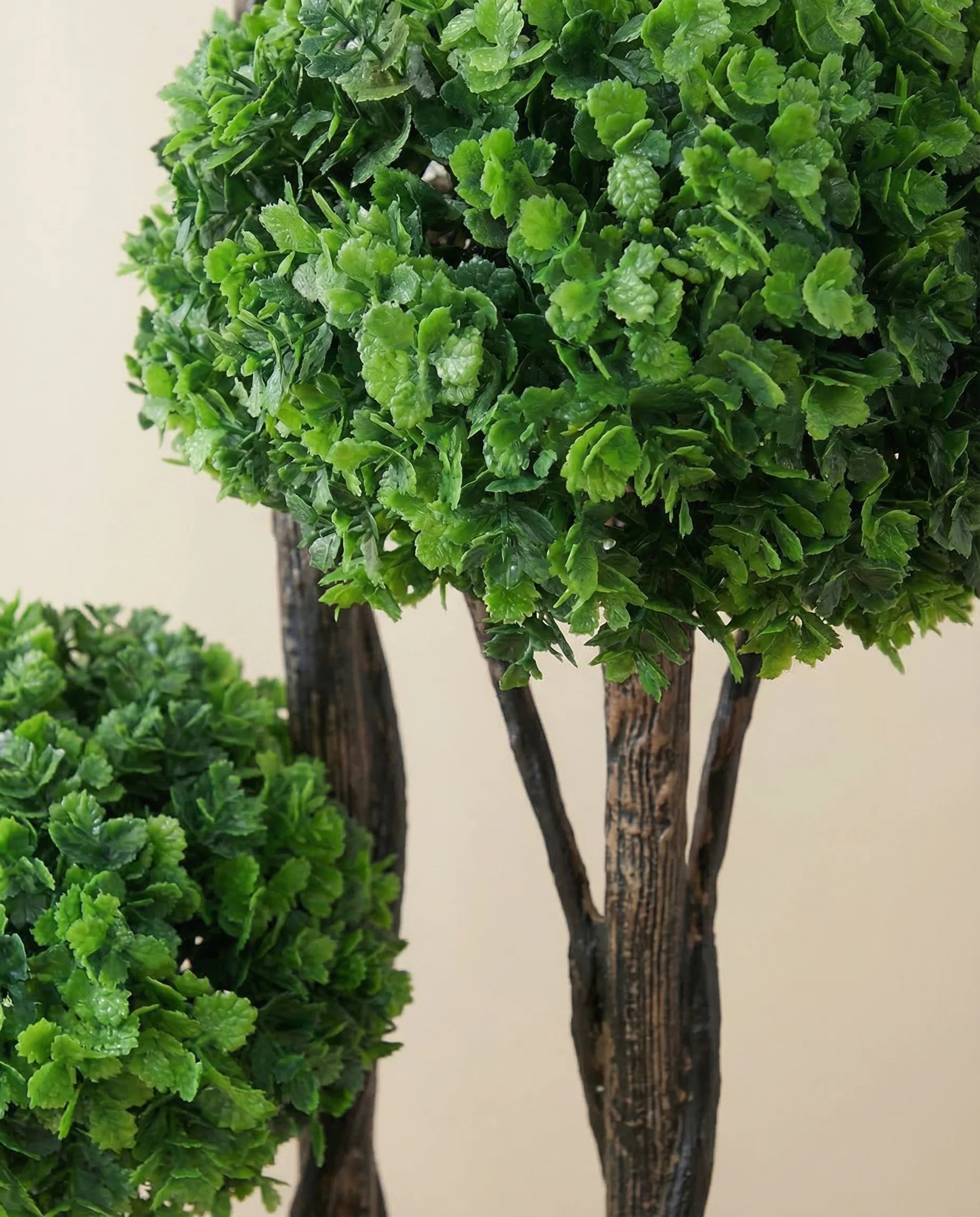 4-tier boxwood moss ball topiary tree, close-up detail