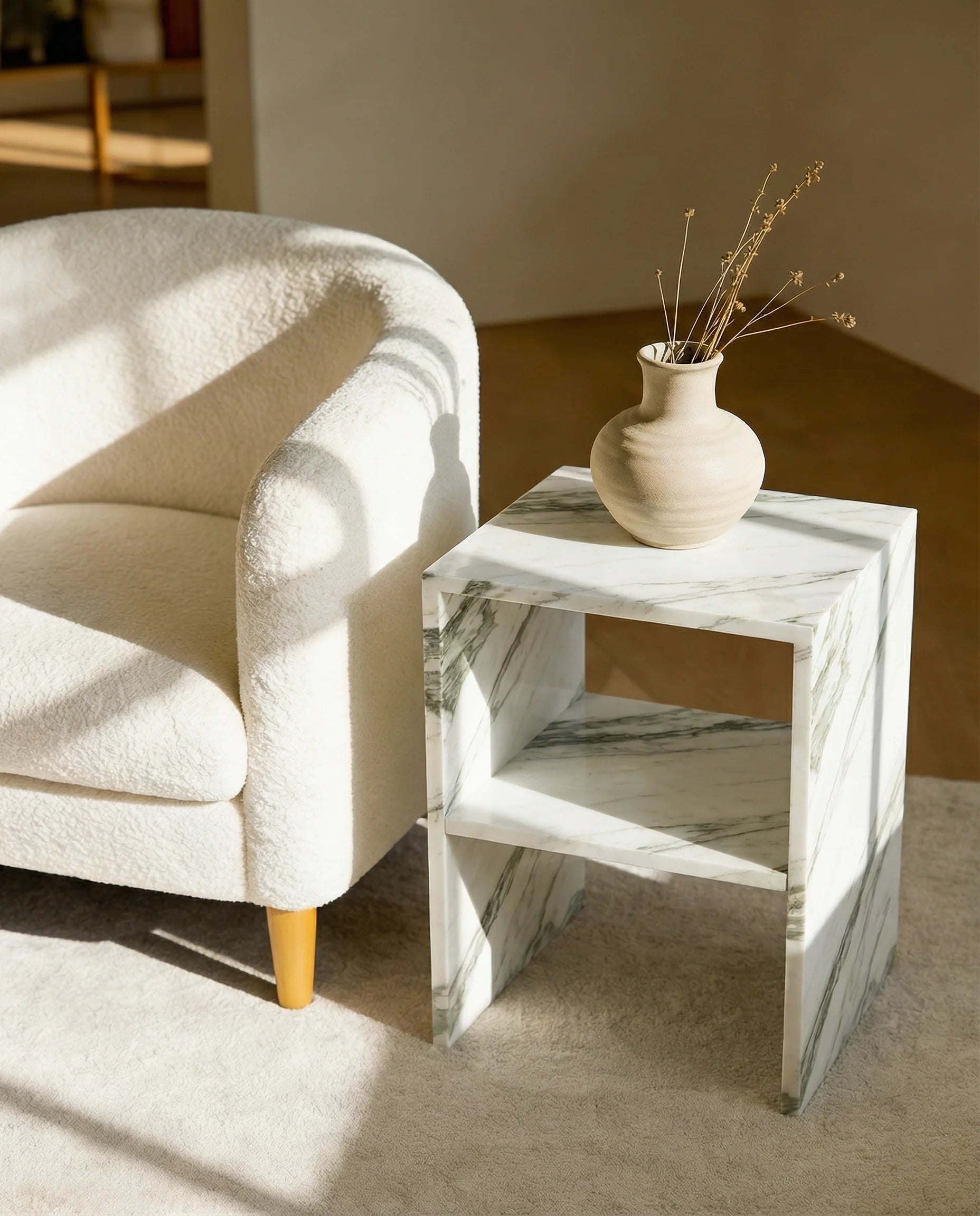 Calacatta Verde Marble Rivet Box Side Table with Shelf