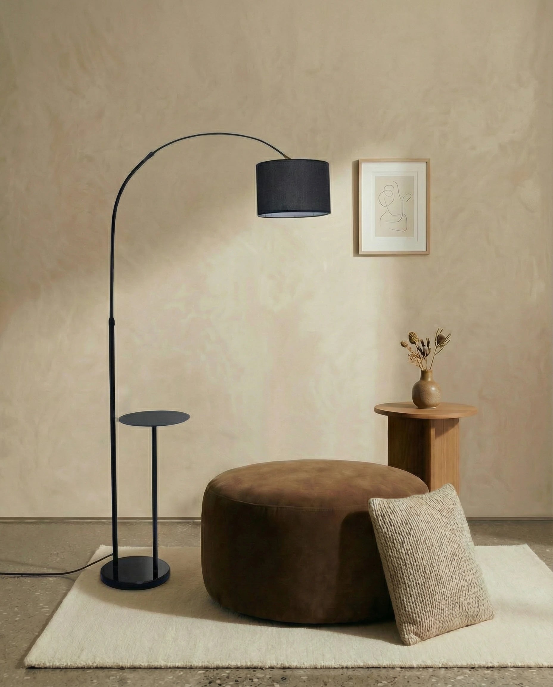 Caspien Sleek Black Arc Floor Lamp with End Table
