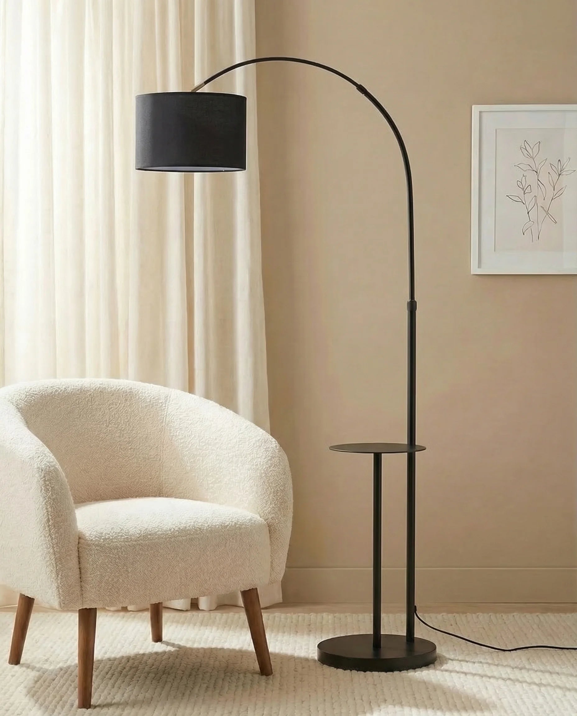 Caspien Sleek Black Arc Floor Lamp with End Table