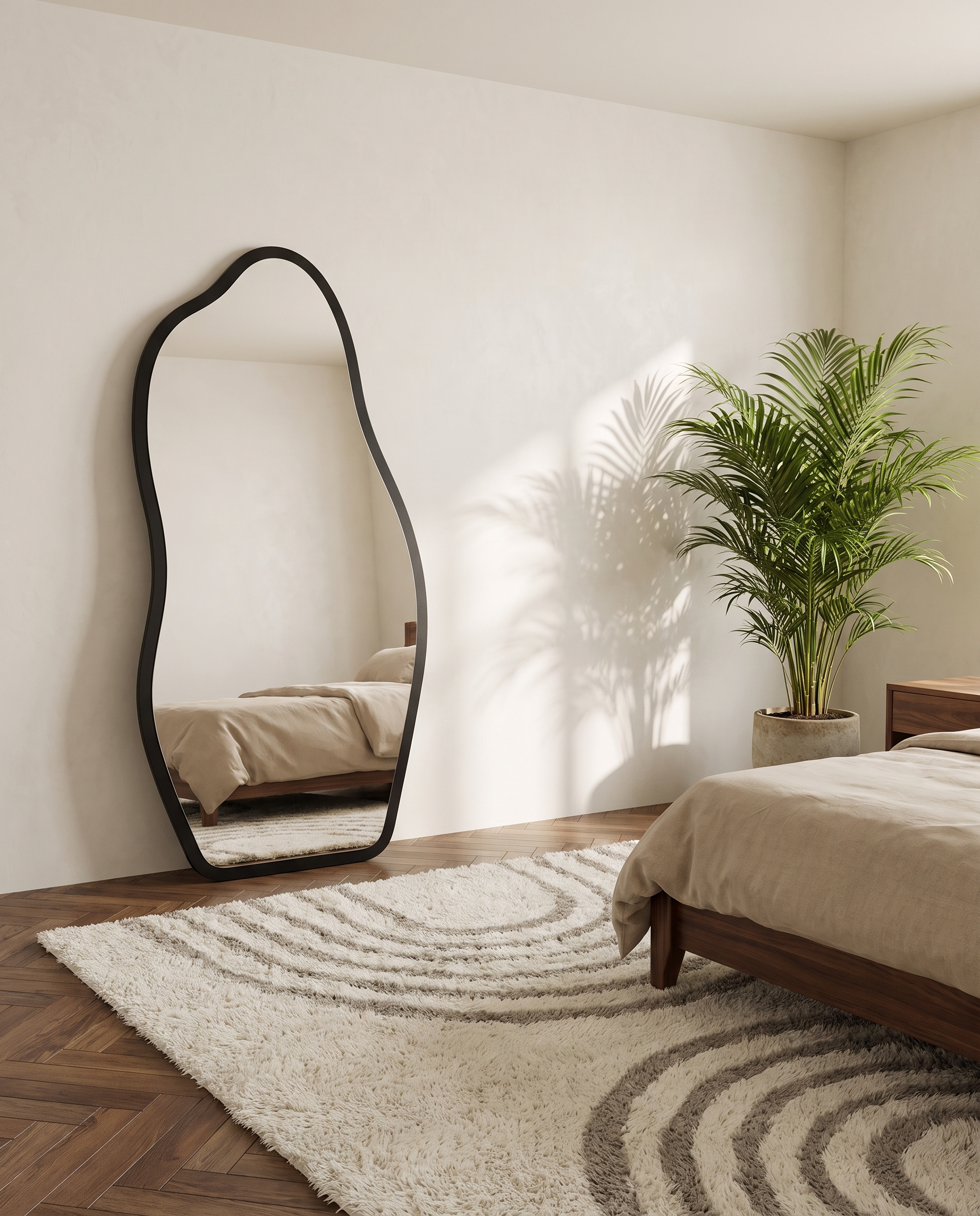 Cassie black irregular floor mirror in a Dubai bedroom