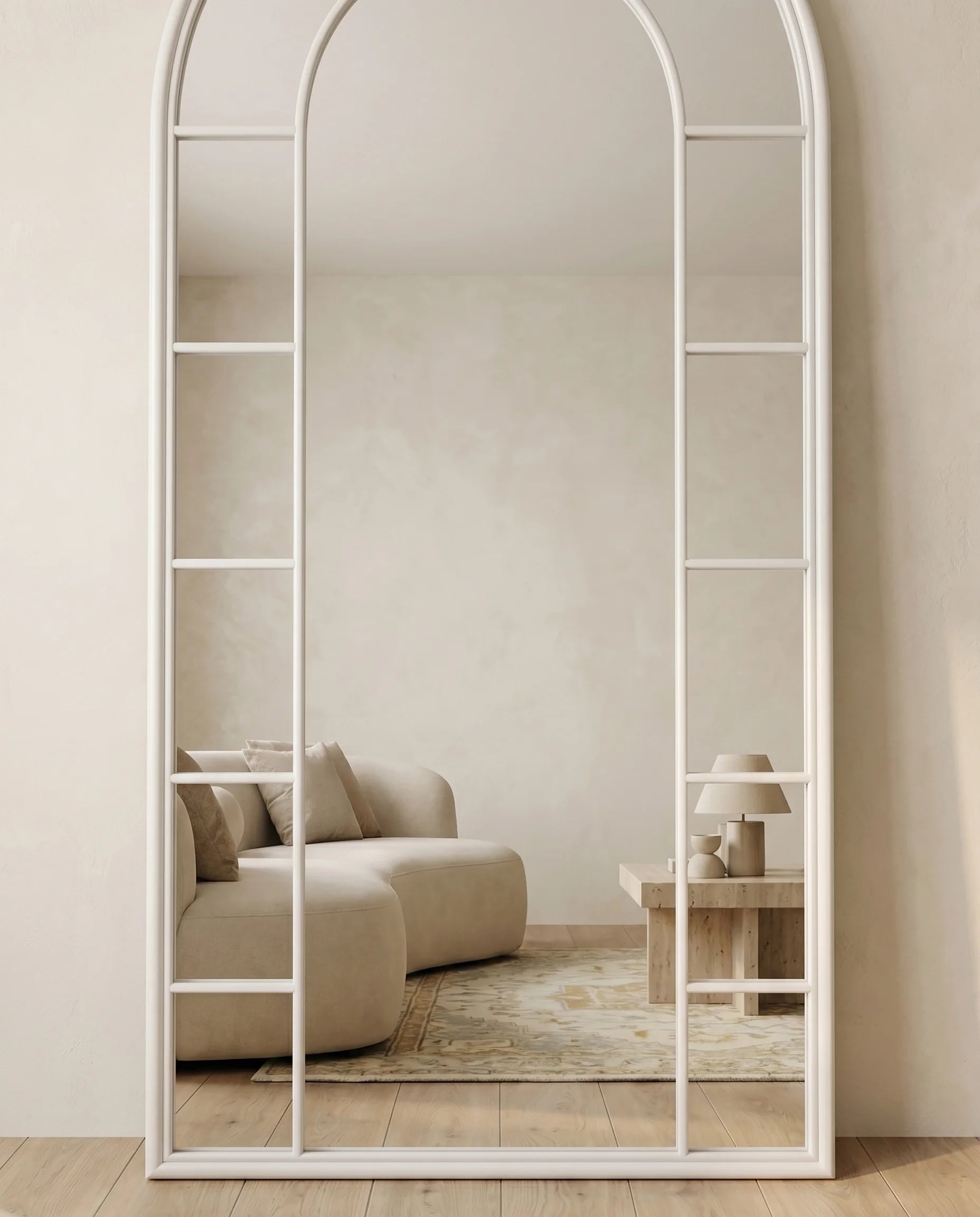 Charles silver window-pane arch mirror, close-up of the grid frame
